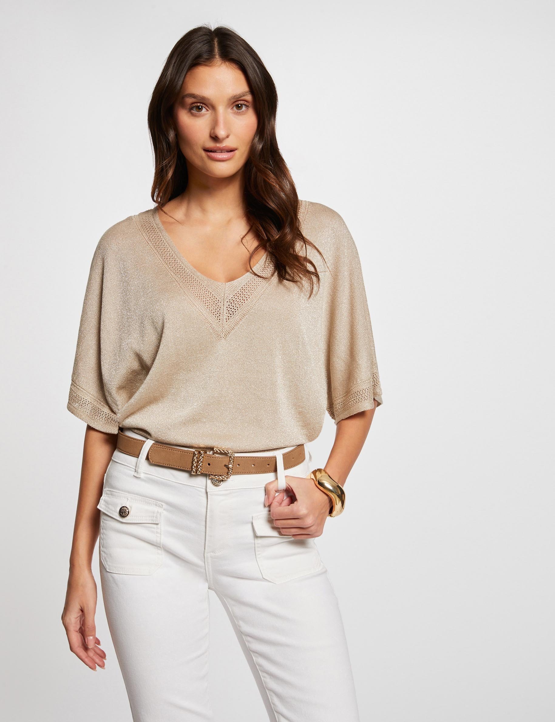 Pull col en V manches courtes sable femme