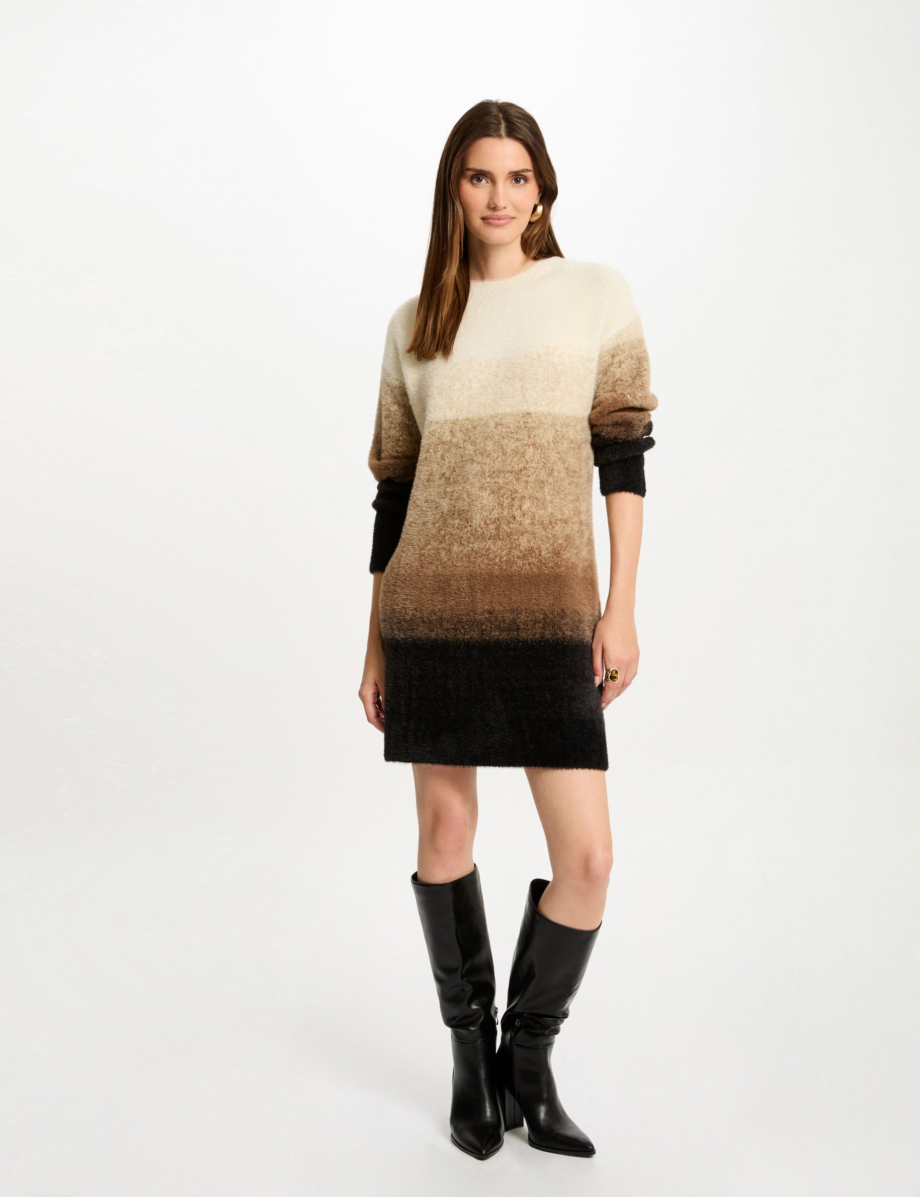 Robe tricot courte droite camel femme