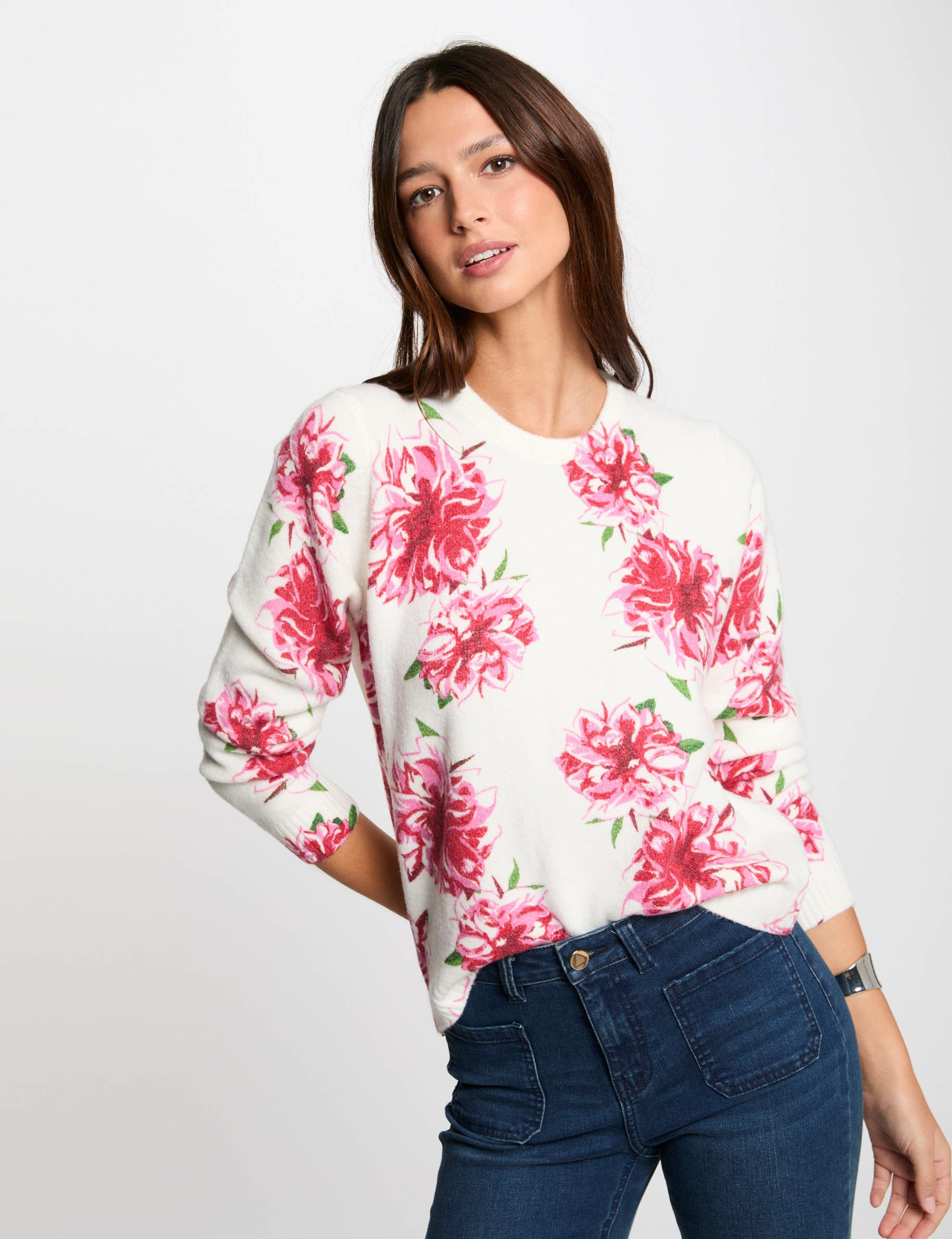 Pull col rond imprimé floral ivoire femme