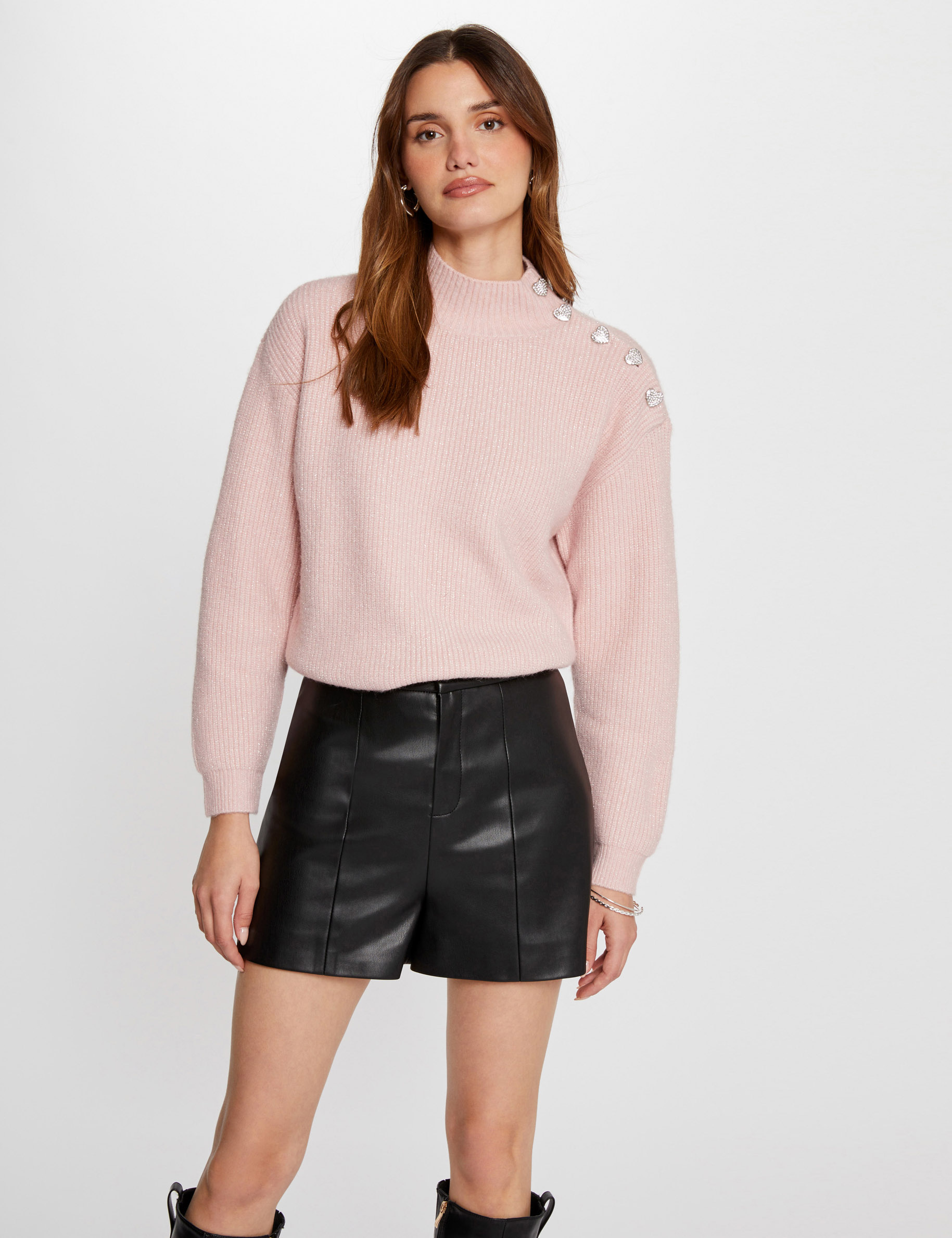 Pull manches longues avec boutons rose clair femme