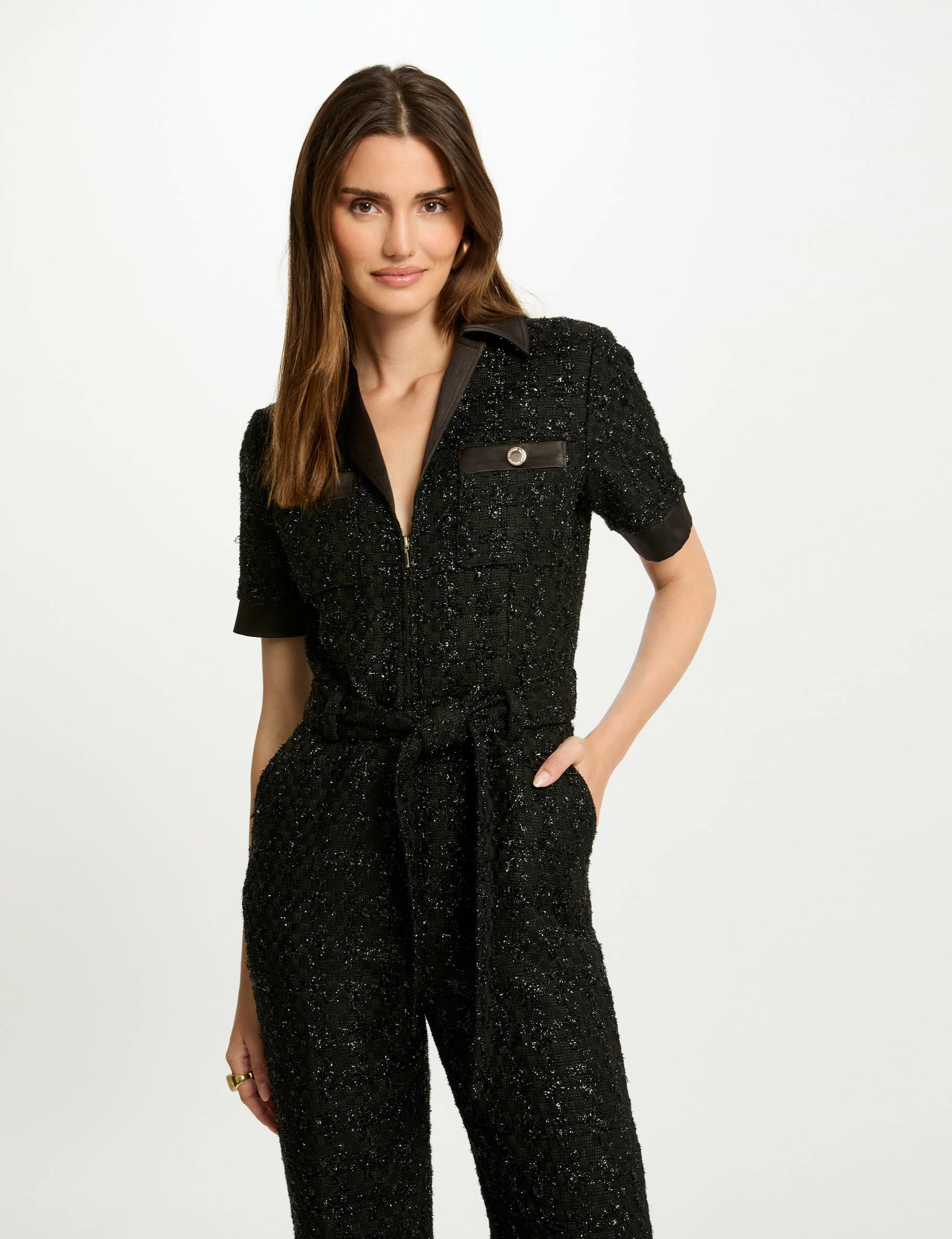 Lange tweed jumpsuit zwart vrouw