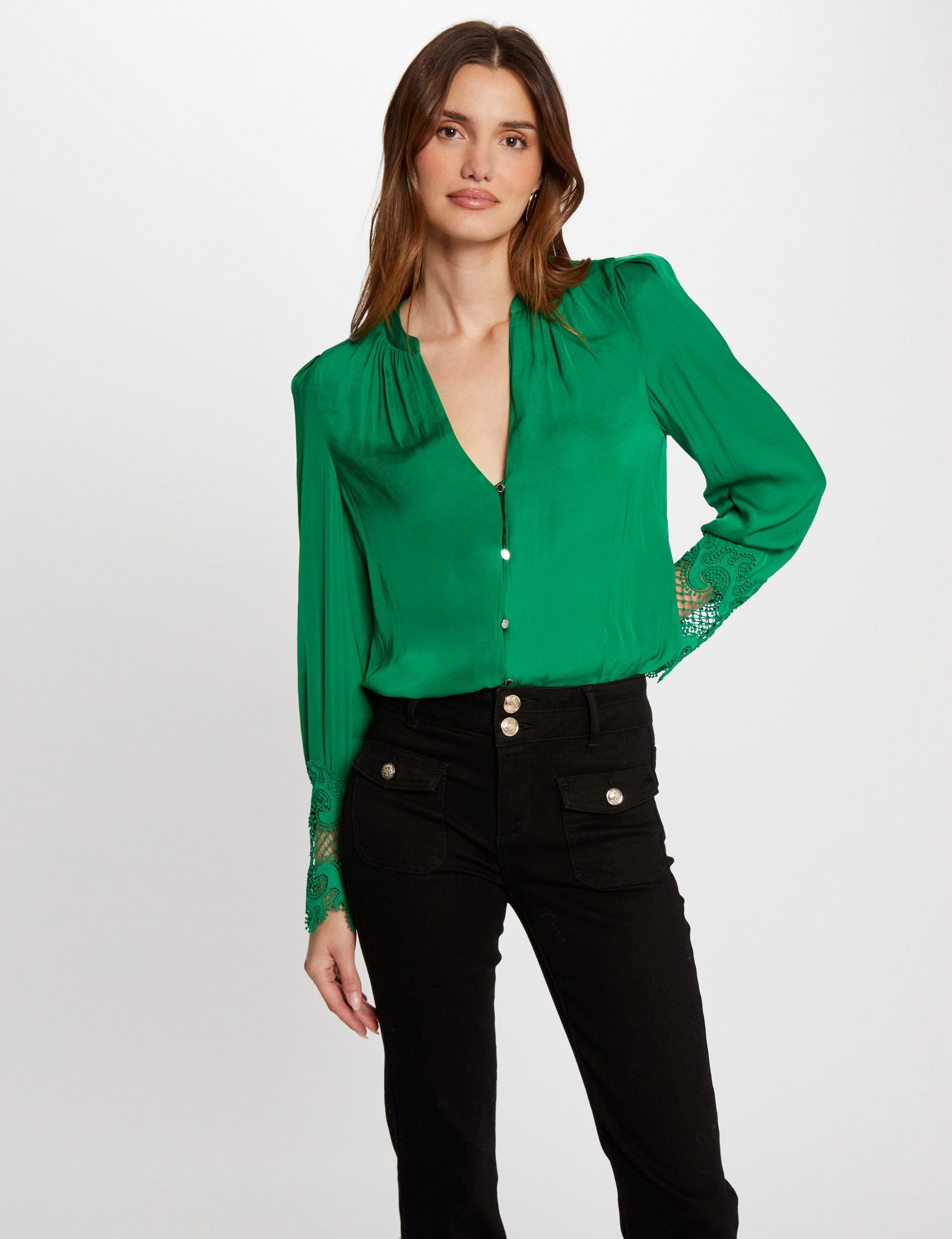 Chemise manches longues satin vert femme