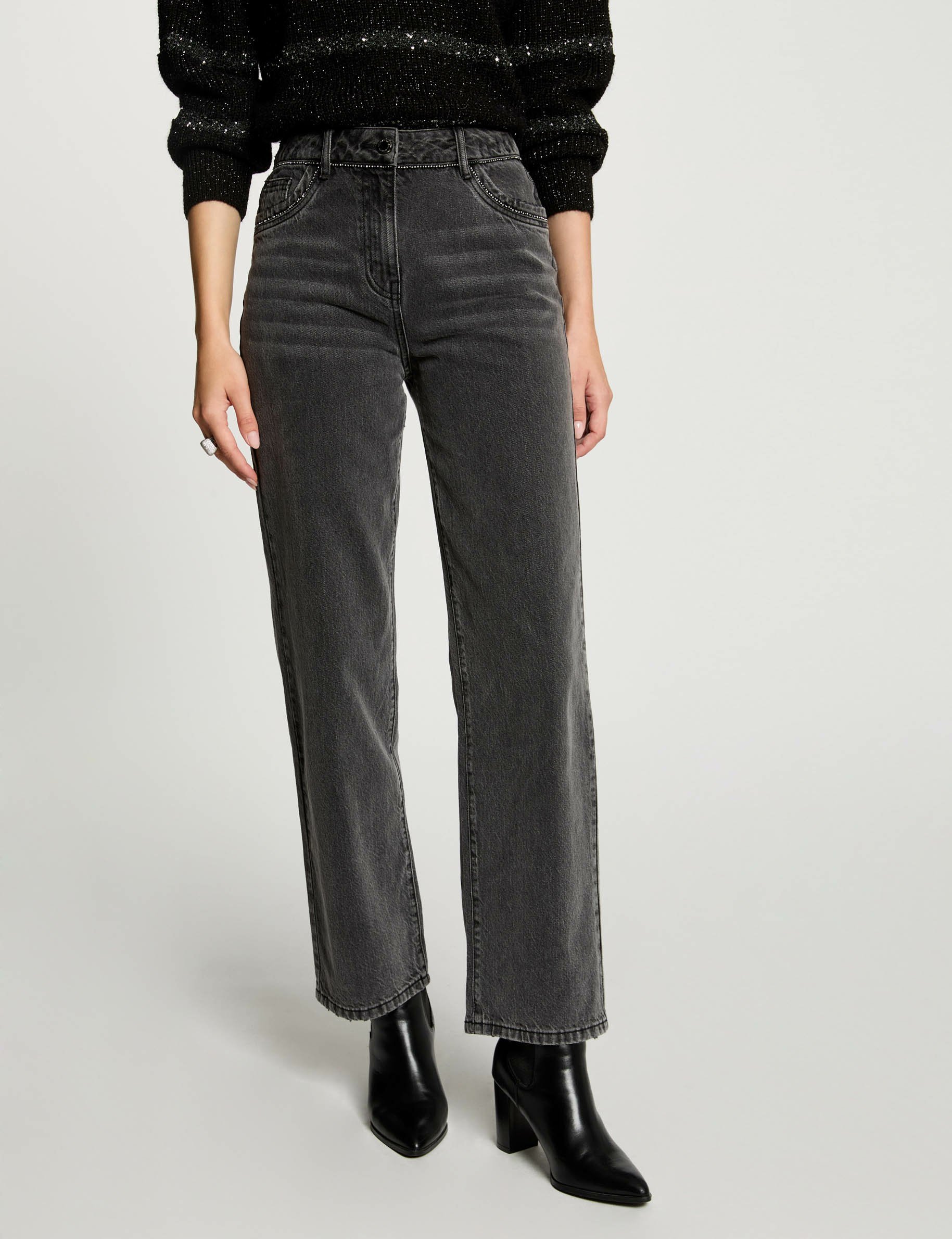 Mom jeans met strass details gris clair vrouw