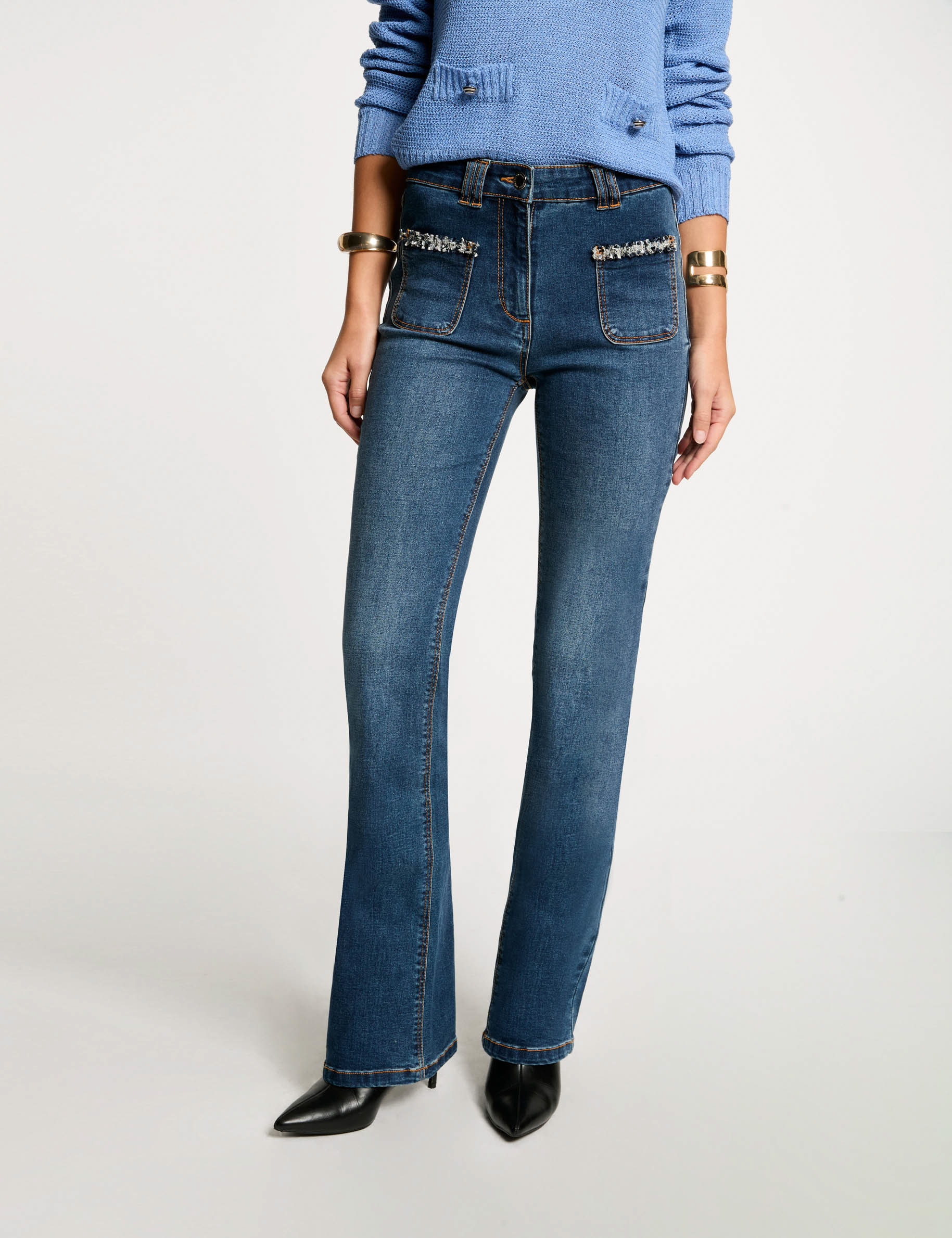 Jeans bootcut détails franges denim stone femme