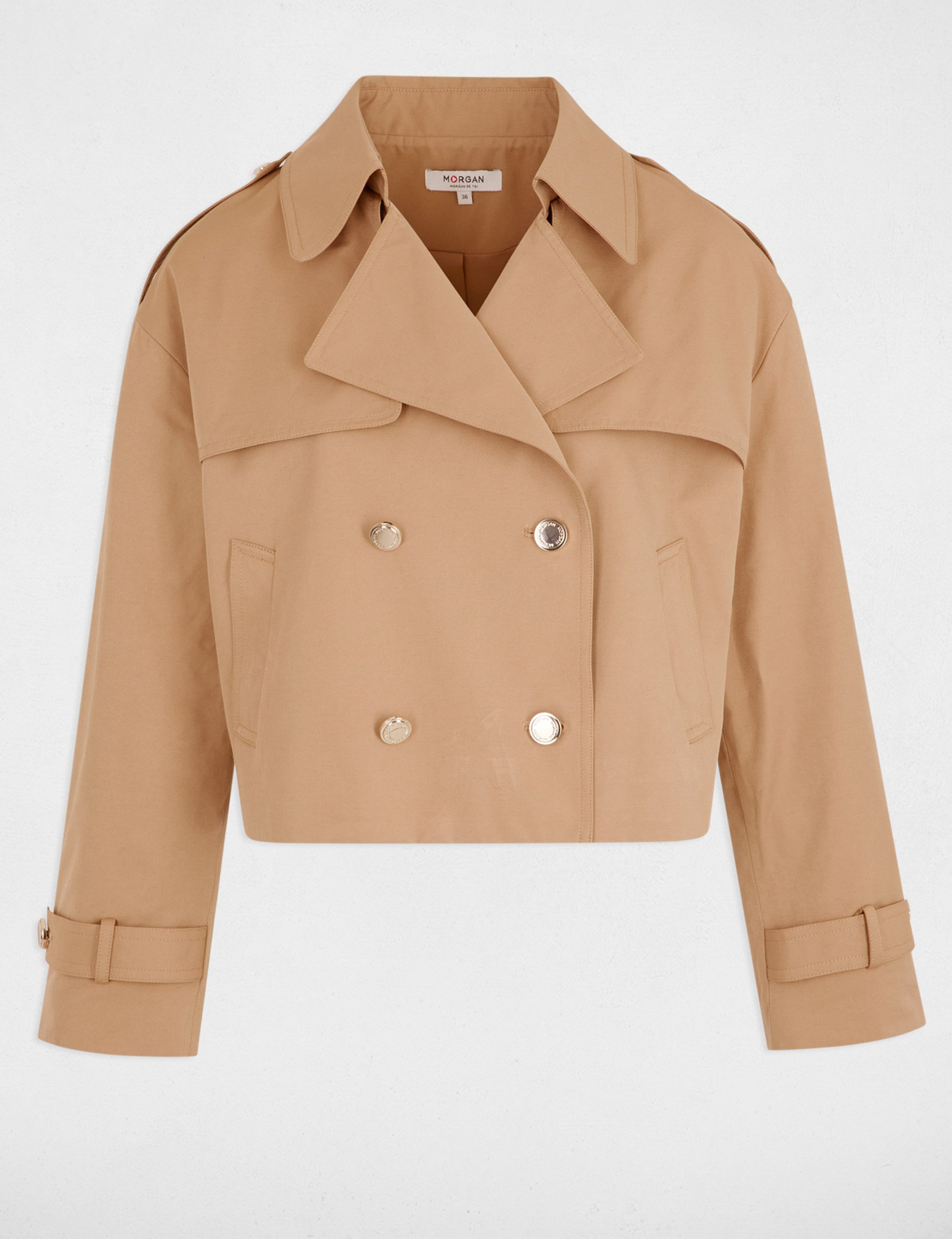 Trench court boutonné camel femme