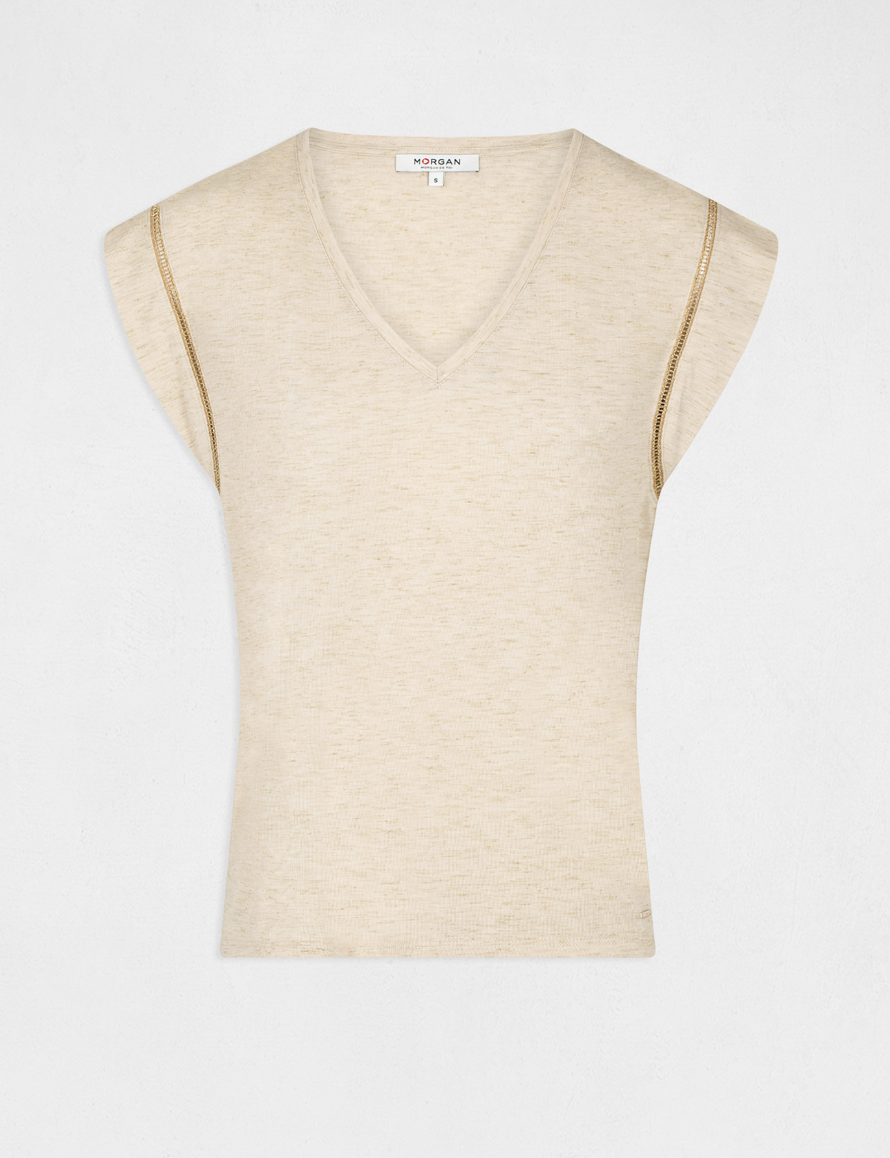 T-shirt met V-hals en korte mouwen beige vrouw