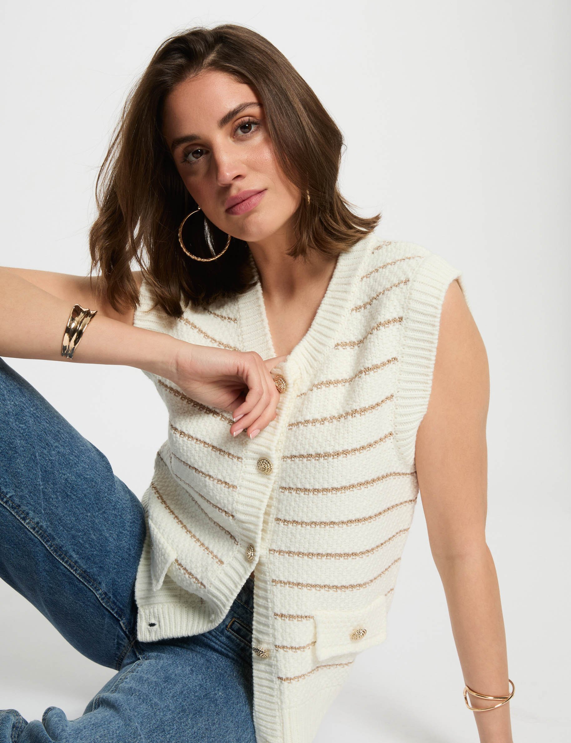 mouwloos gestreept vest beige vrouw Mouwloos gestreept vest beige vrouw