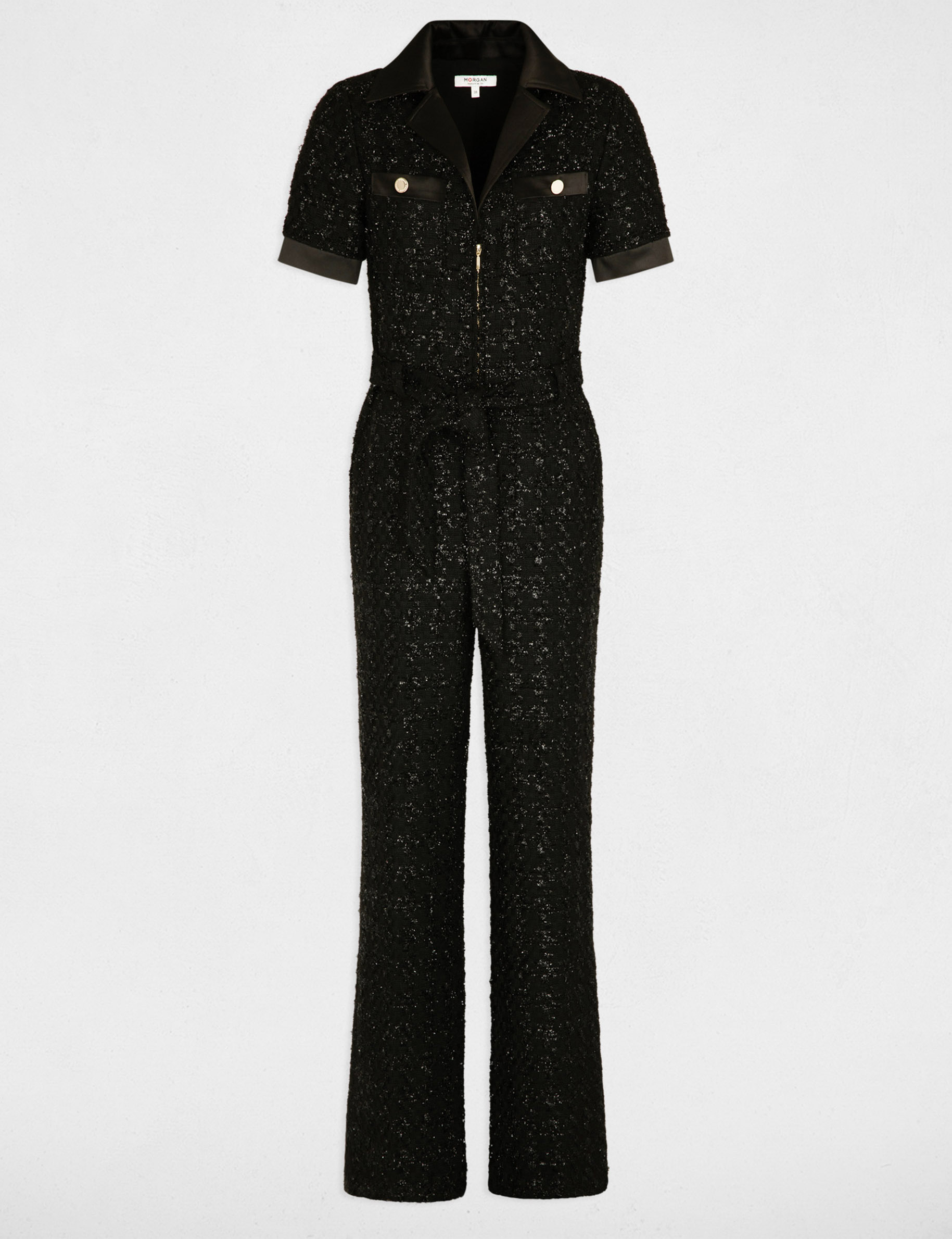 Lange tweed jumpsuit zwart vrouw