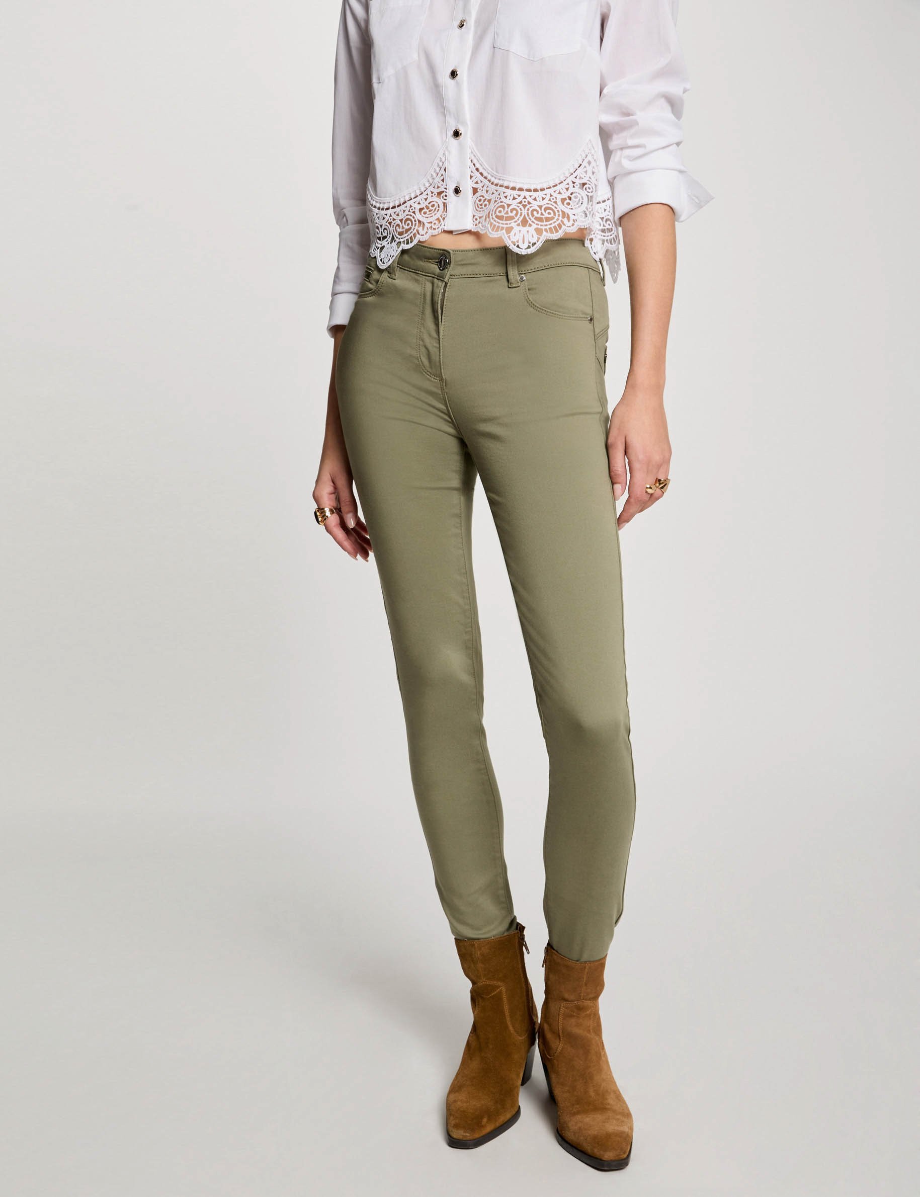 Pantalon slim taille standard vert kaki femme