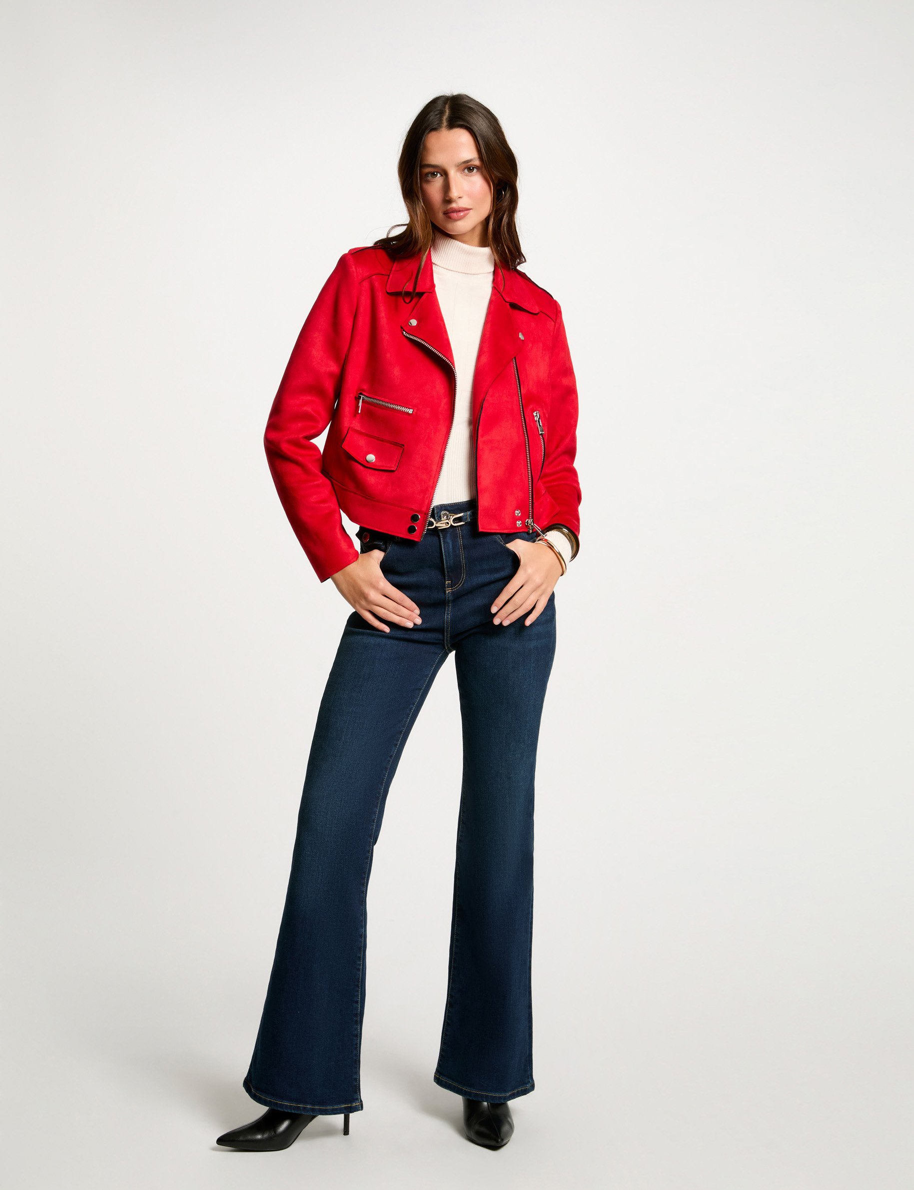 Blouson court zippé suédine rouge femme