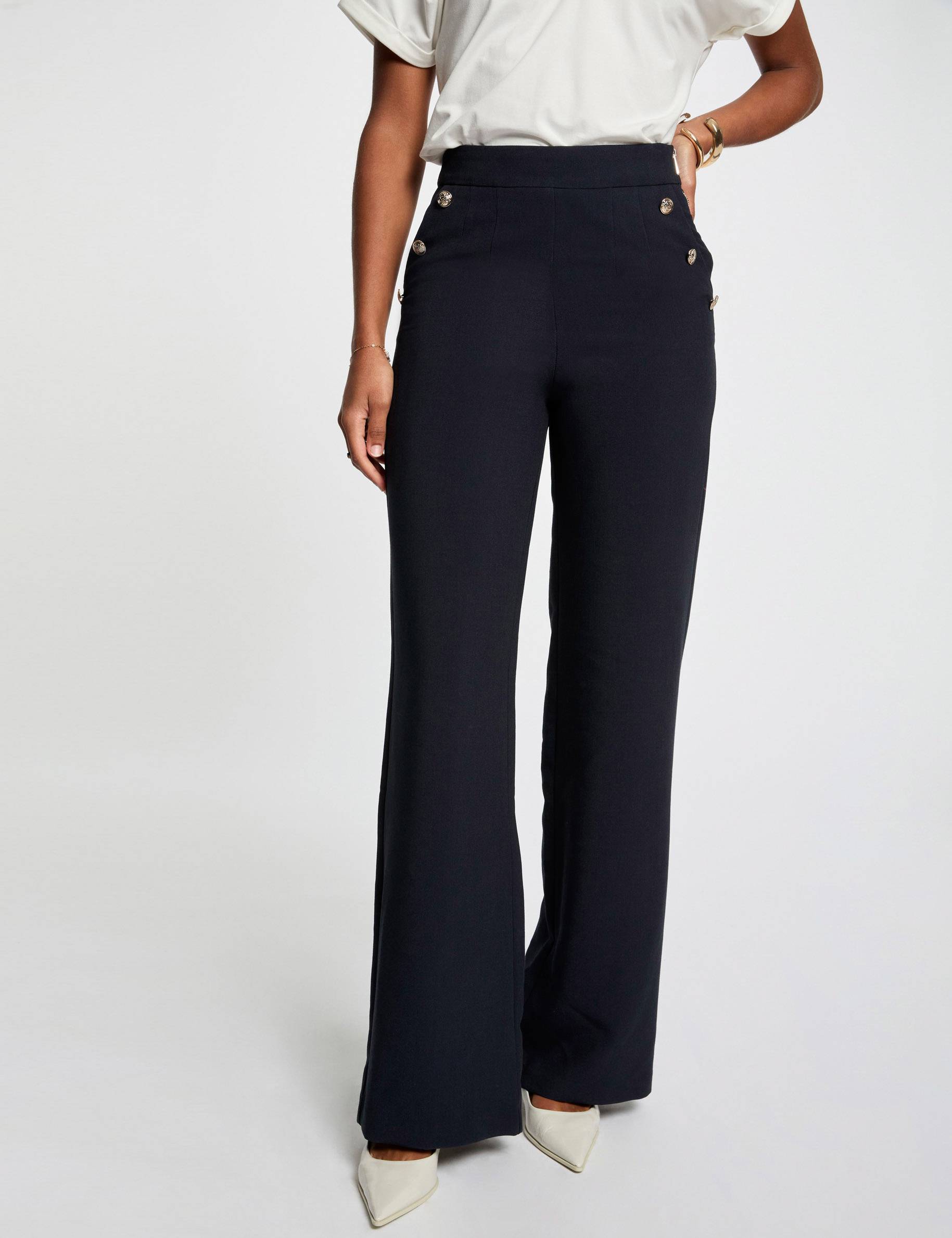 Pantalon large à boutons bleu marine femme