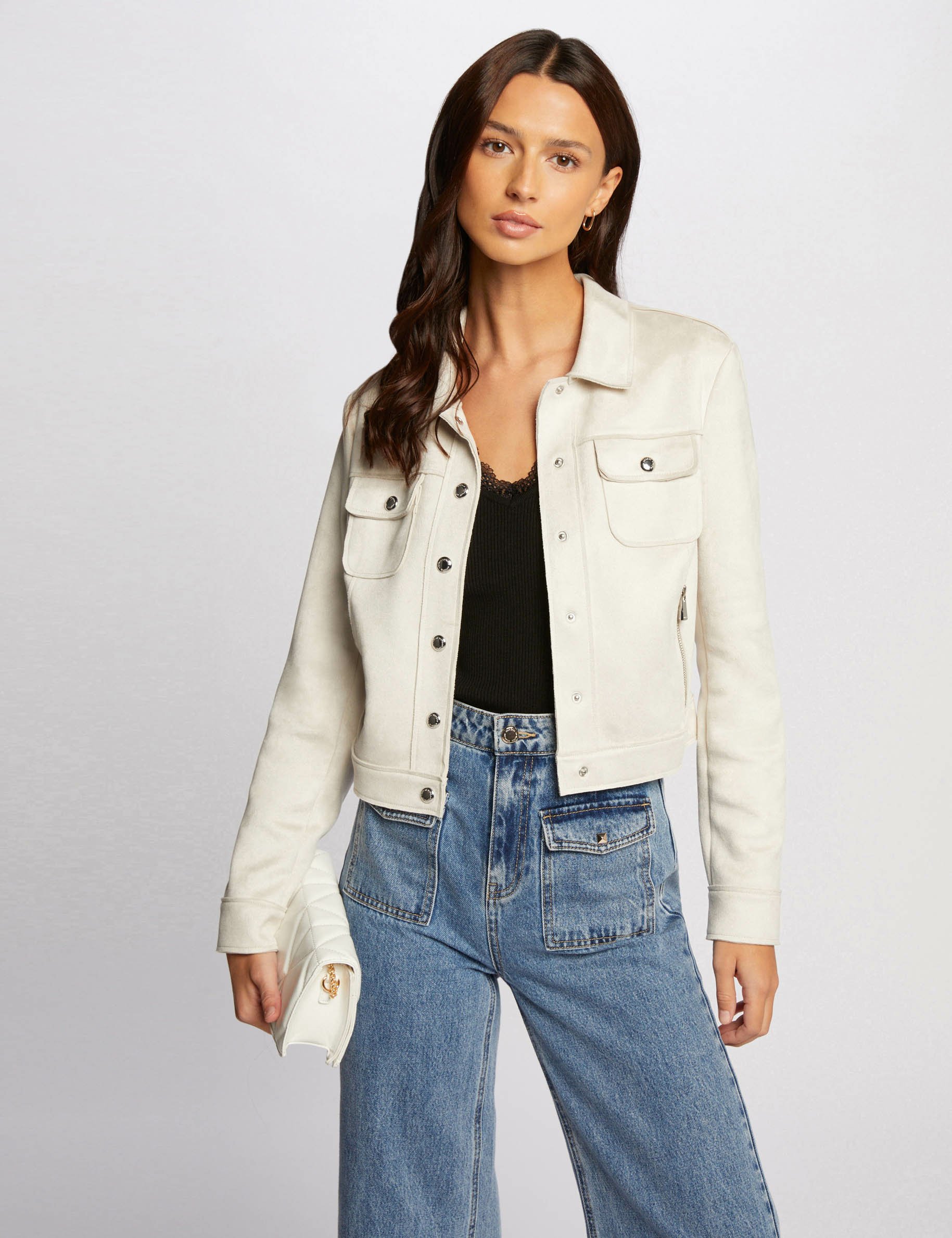 Blouson suédine boutonné ecru femme