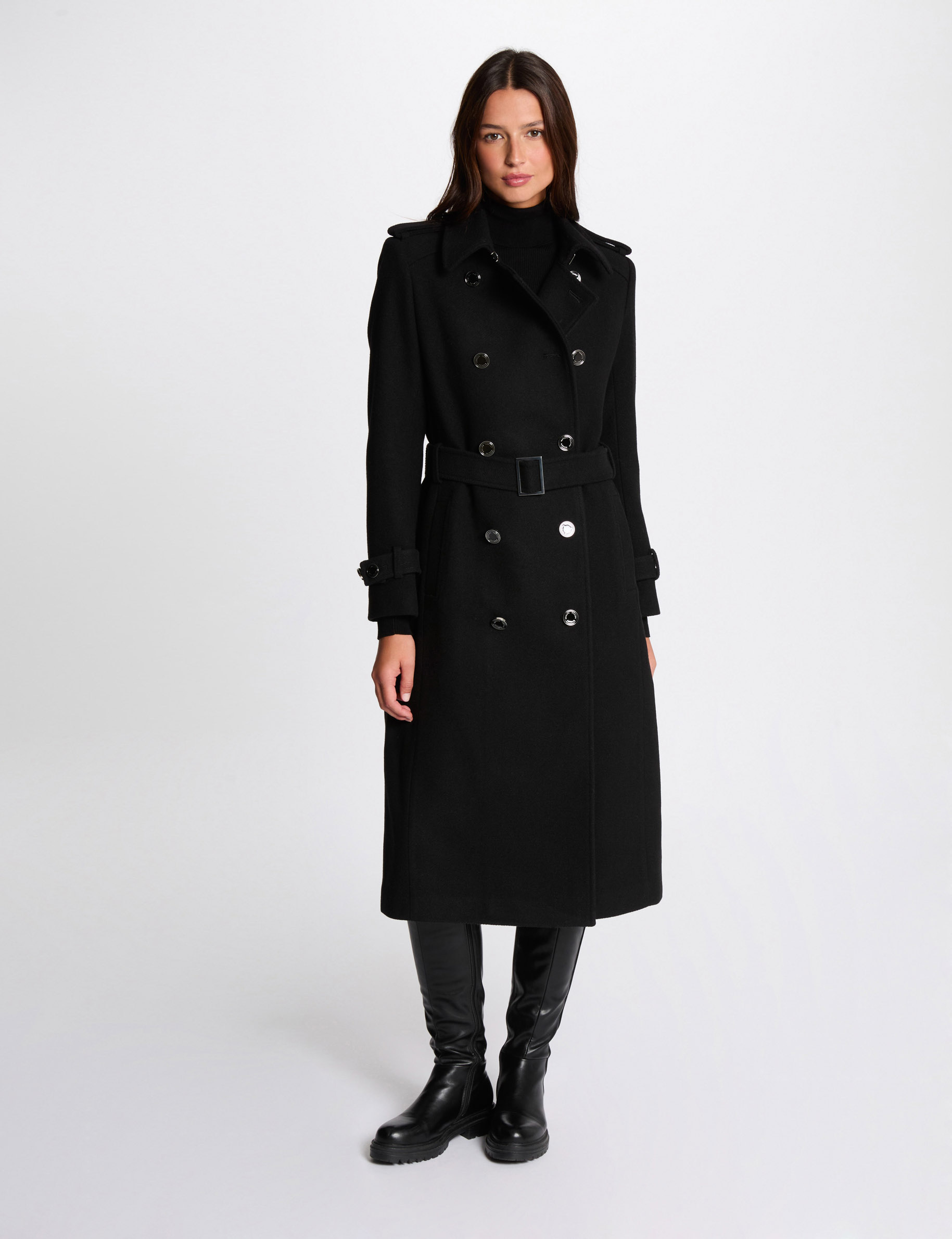 Manteau long ceinturé noir femme