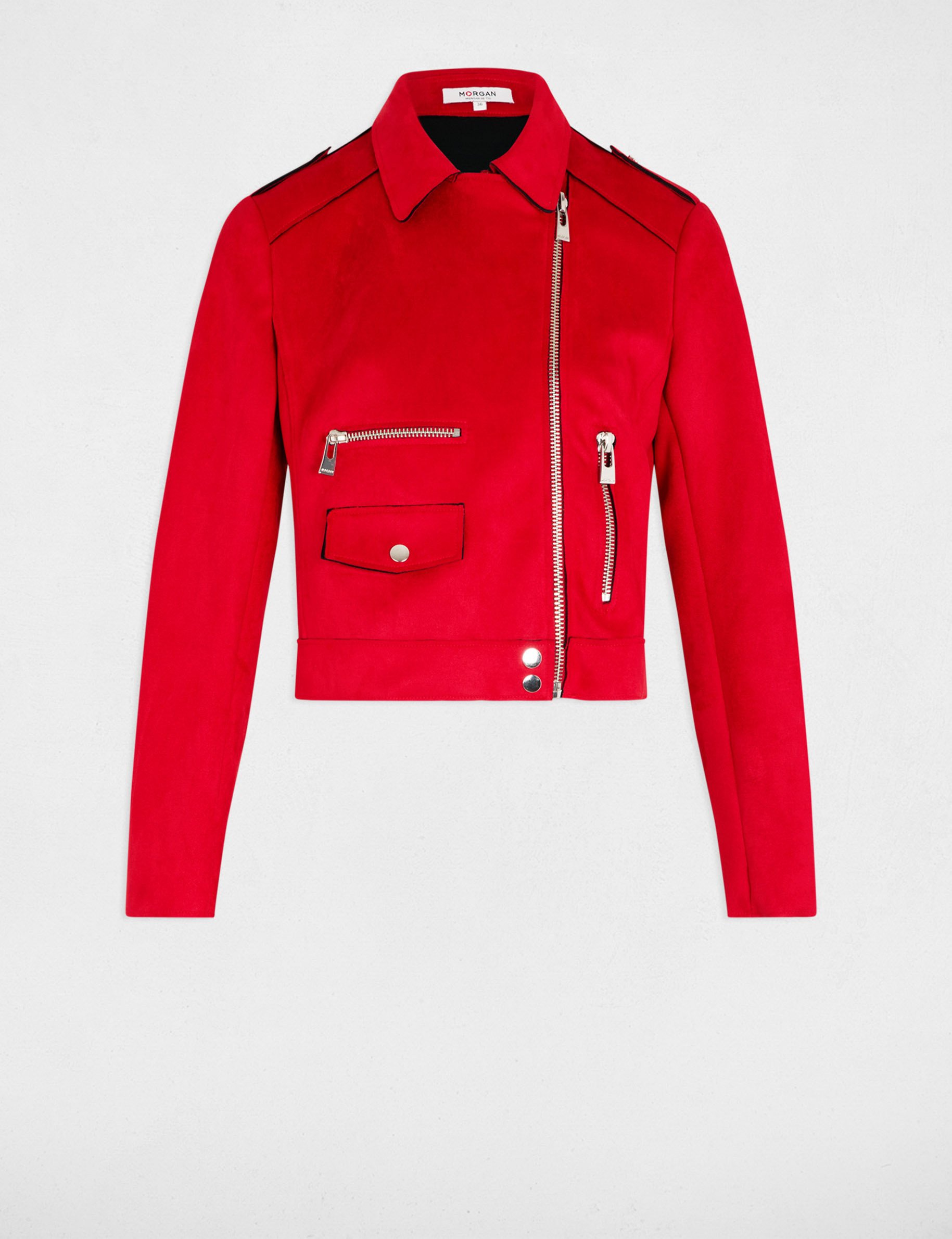 Blouson court zippé suédine rouge femme