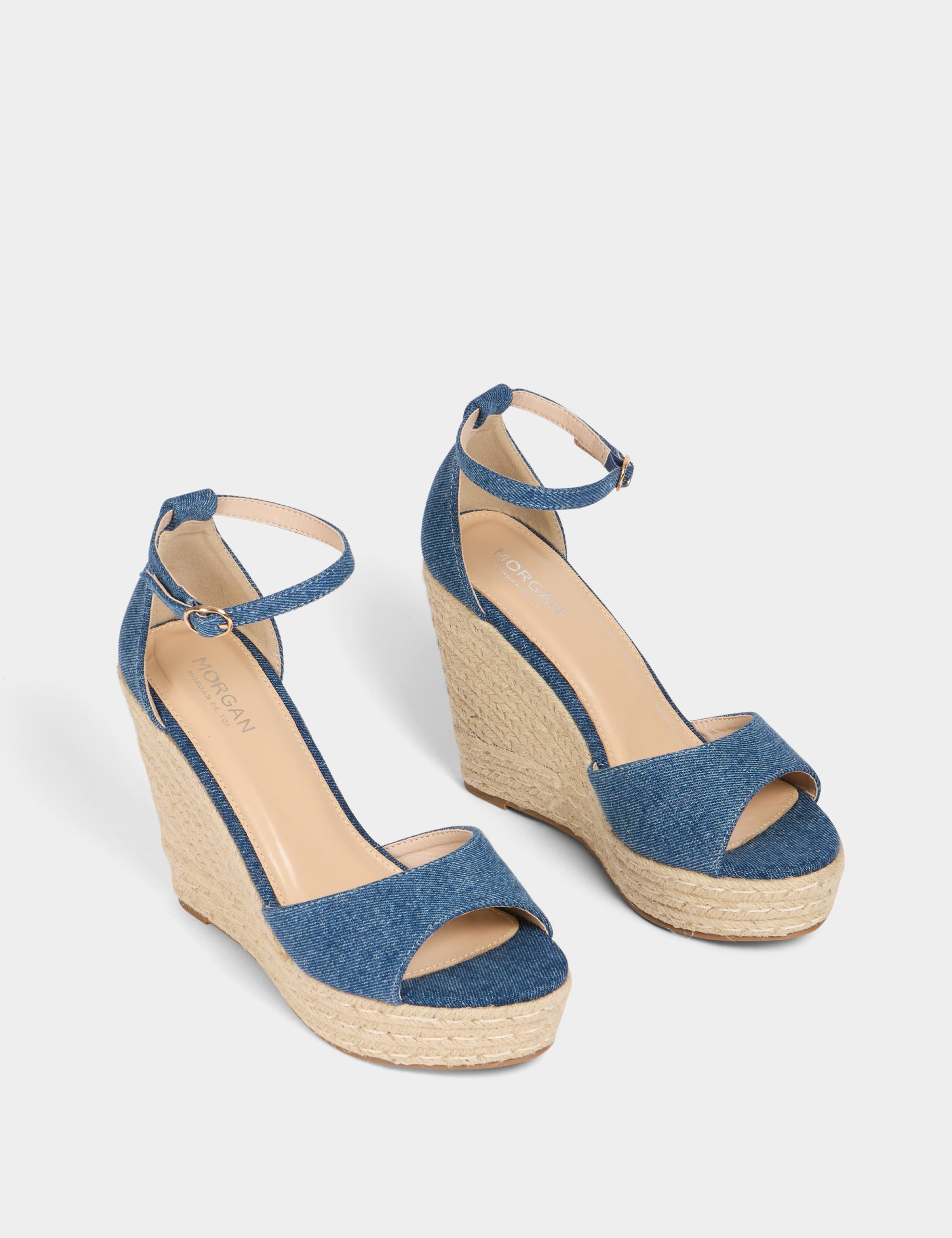 Sandales compensées en jean denim brut femme