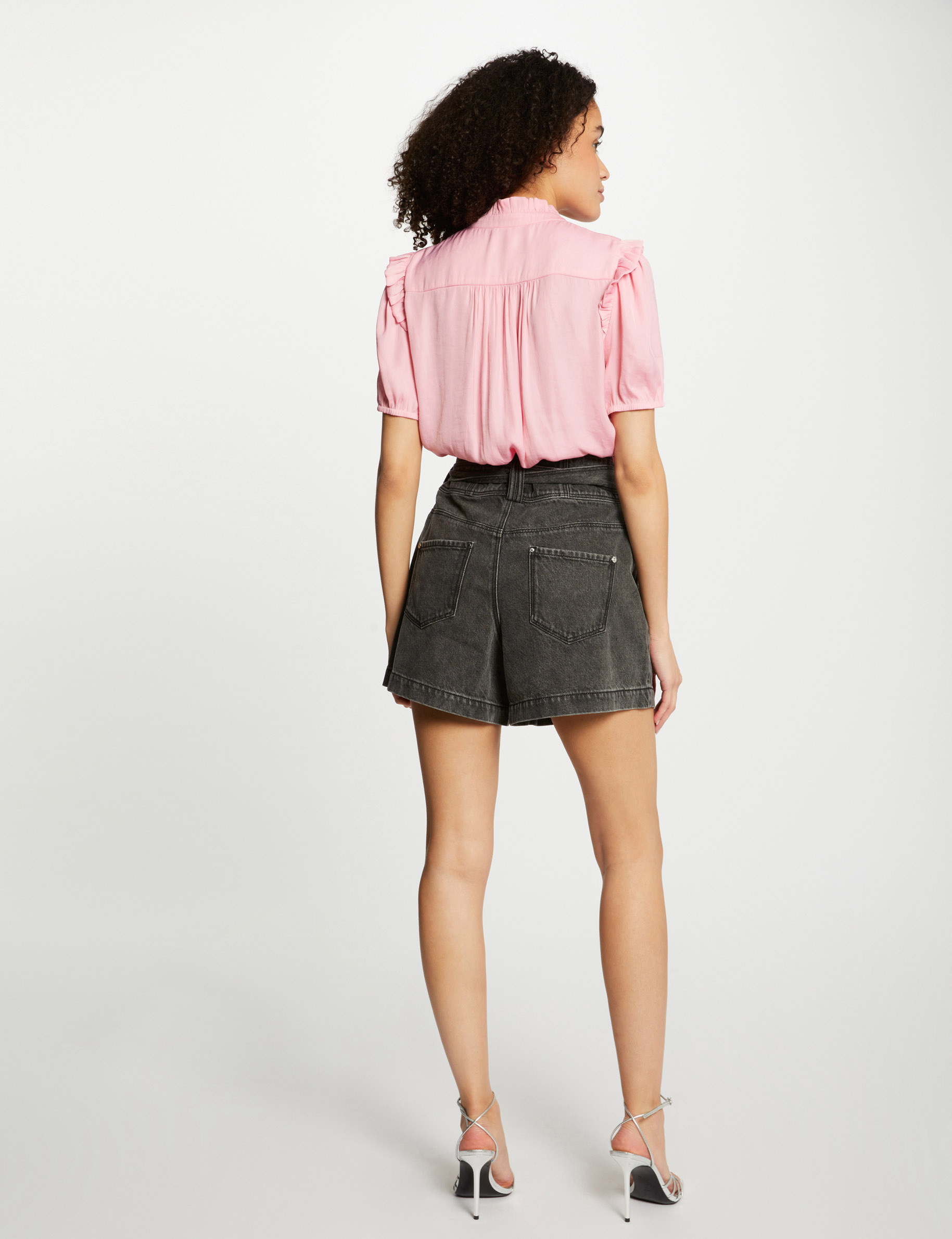 Blouse col en V à volants rose moyen femme