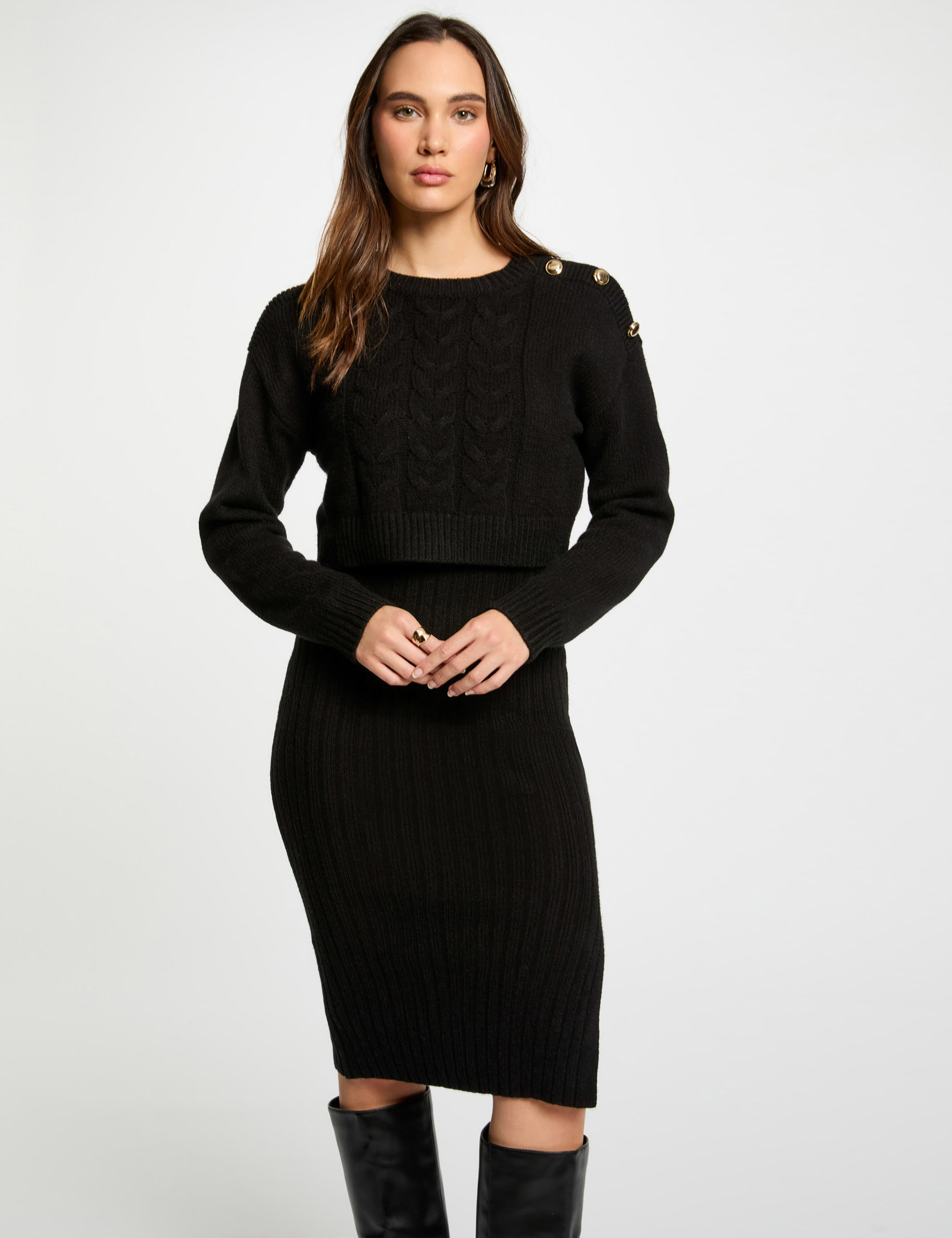 Robe tricot ajustée 2-en-1 noir femme