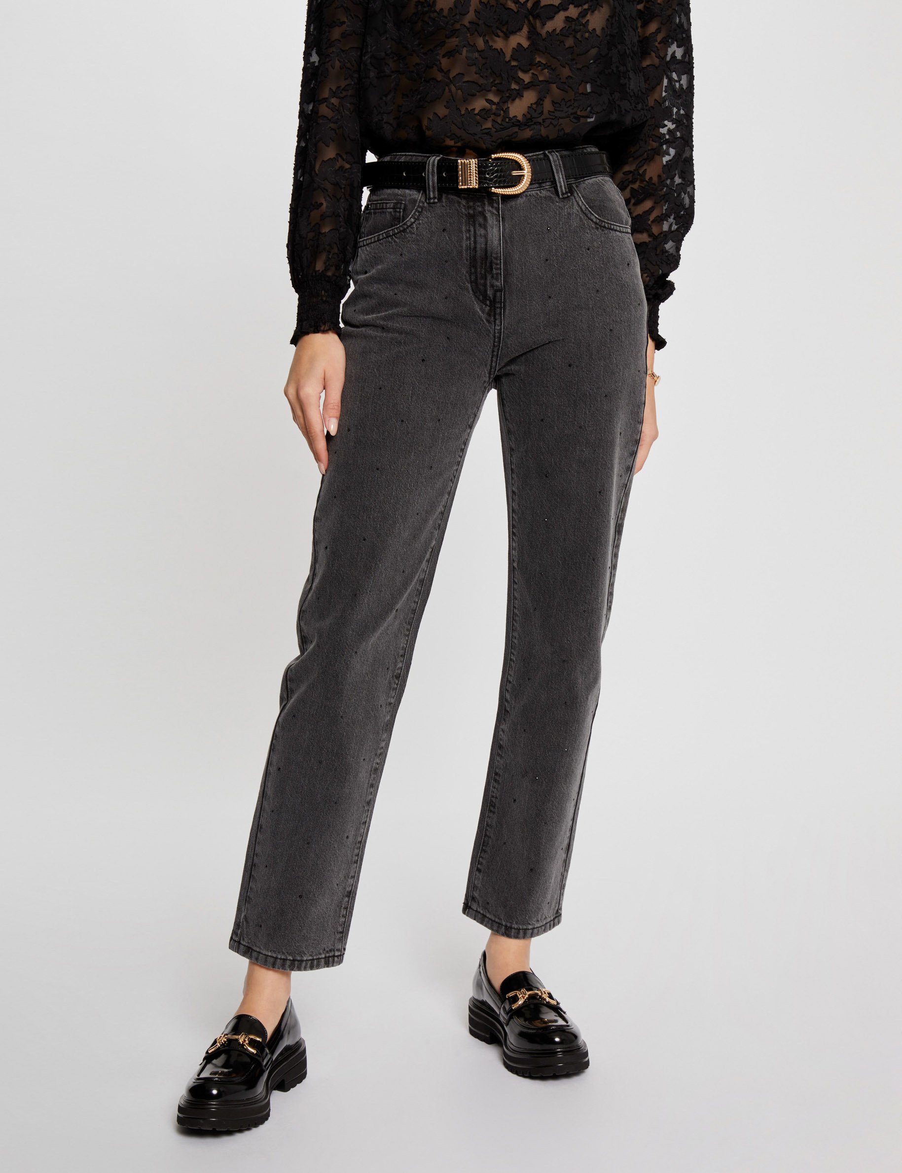 Jeans droit avec strass gris clair femme