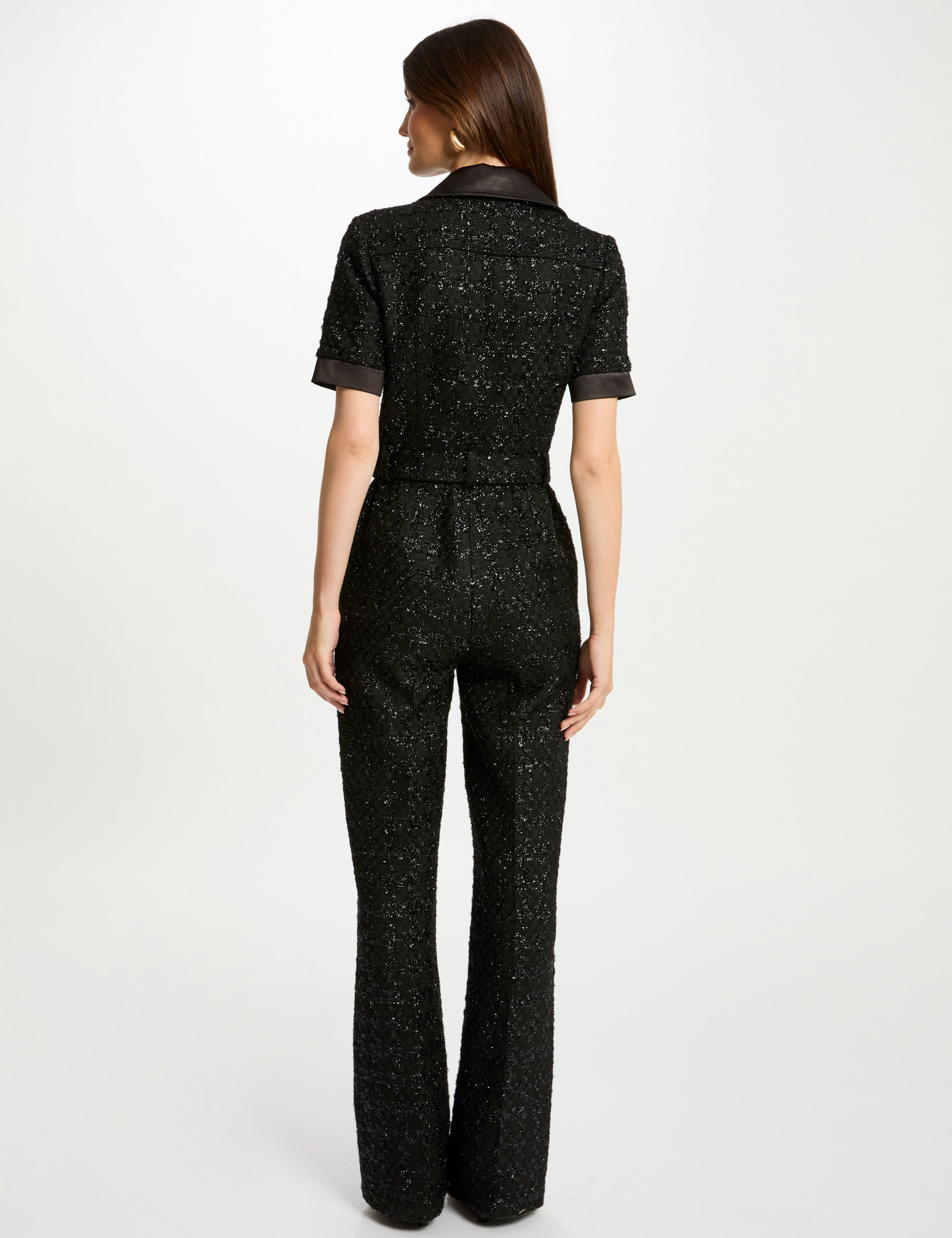 Lange tweed jumpsuit zwart vrouw