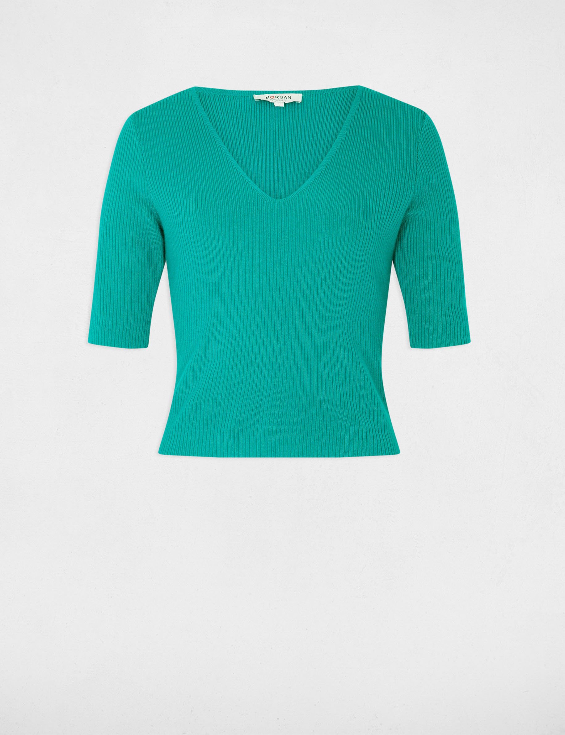 Pull col en V bleu turquoise femme