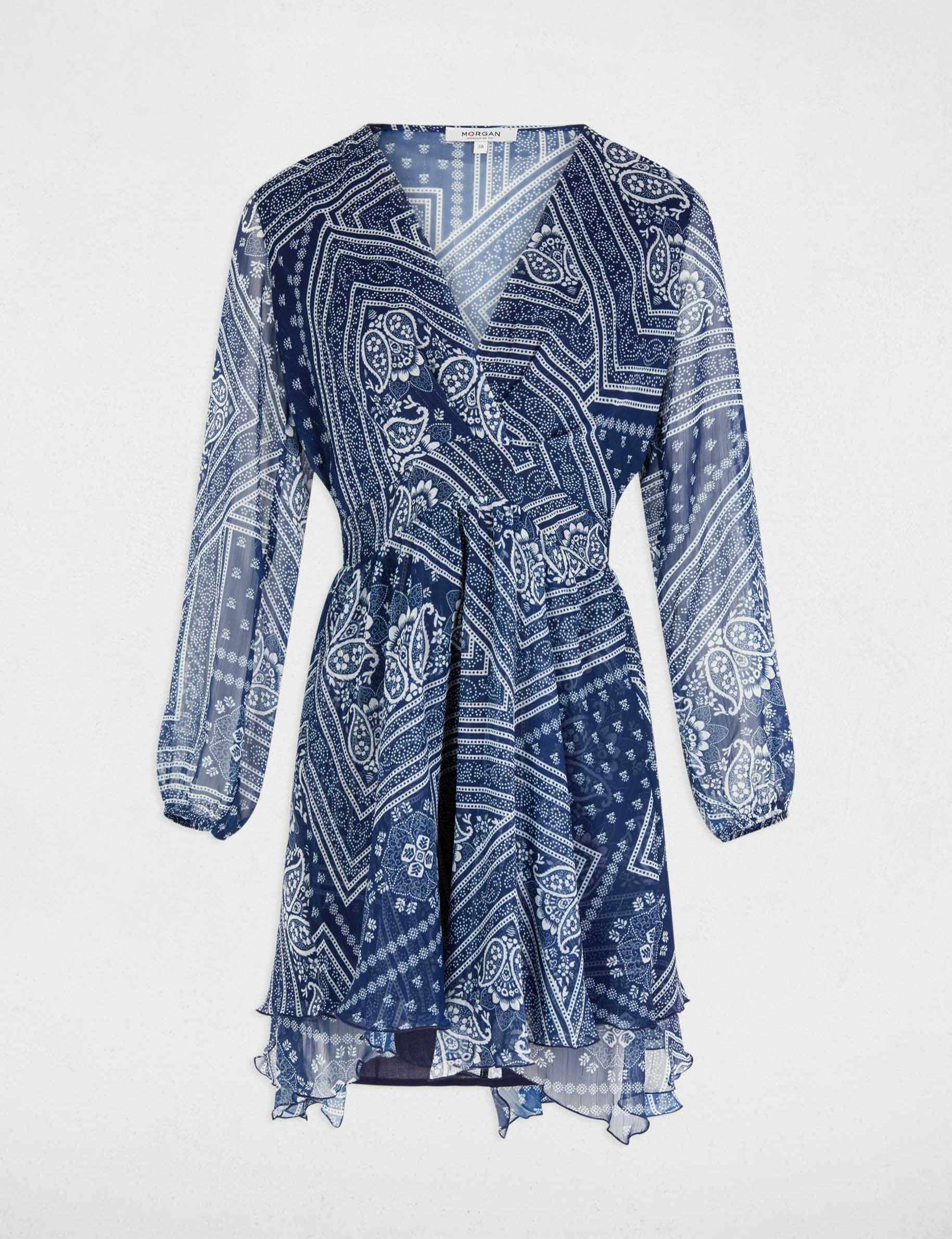 Robe courte évasée imprimée bleu marine femme