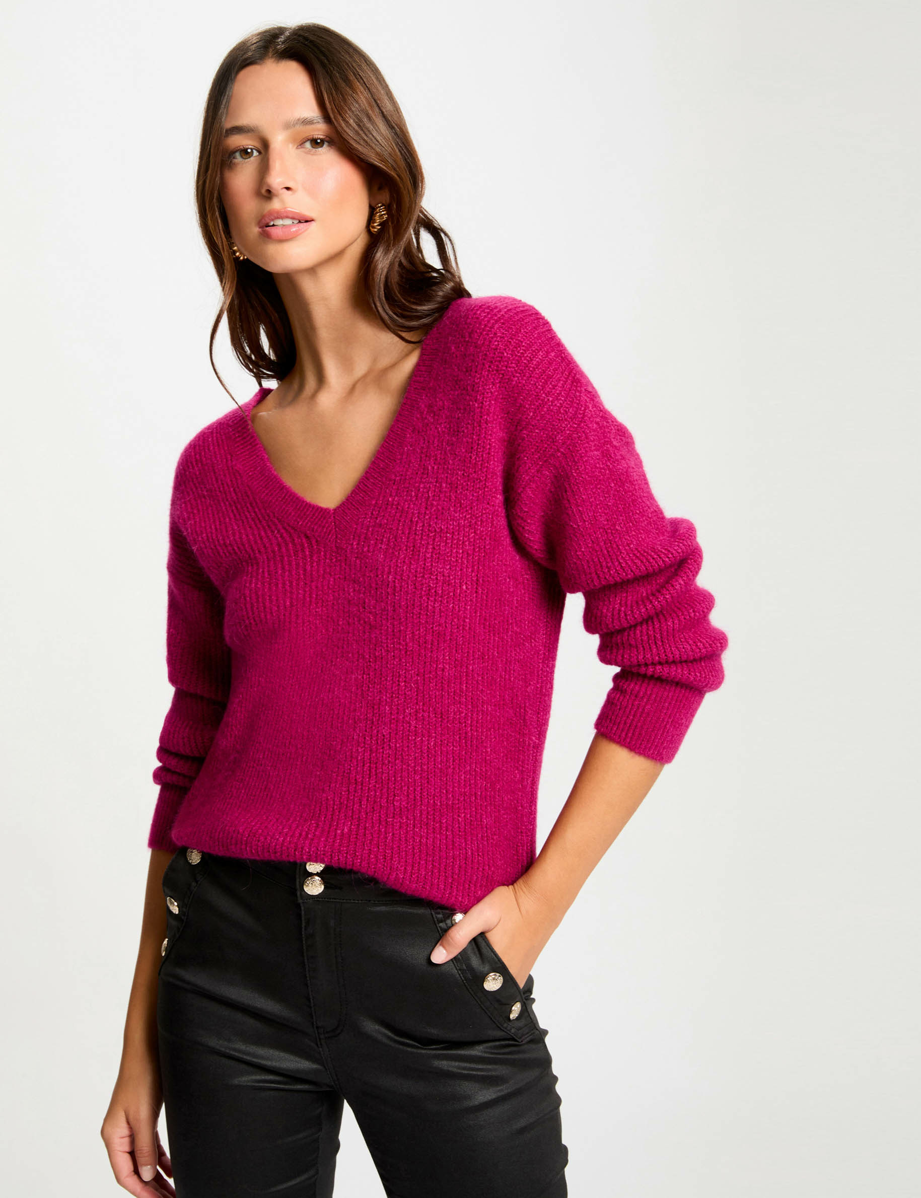 Pull col en V rose fonce femme