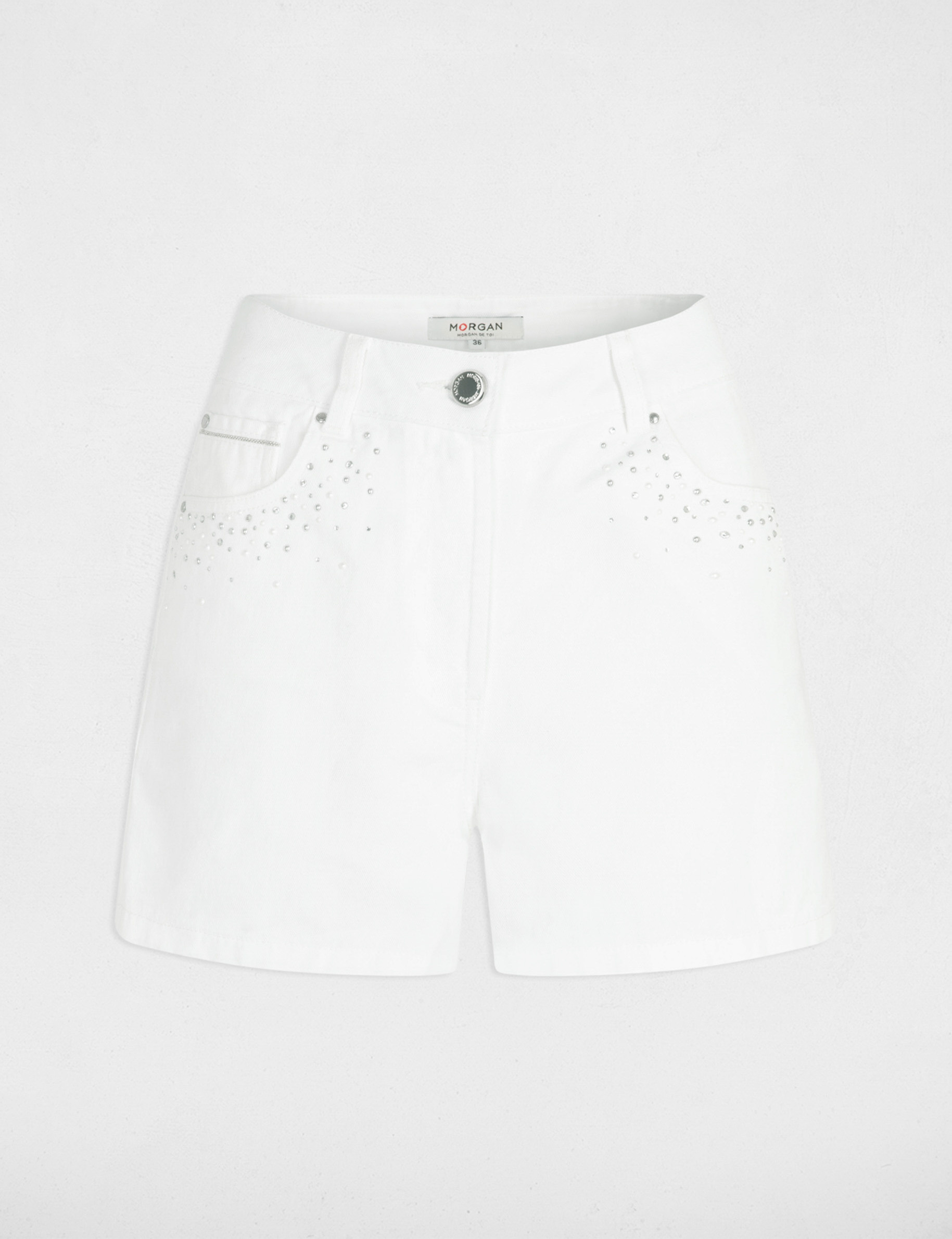 Rechte denim short met strass ecru vrouw