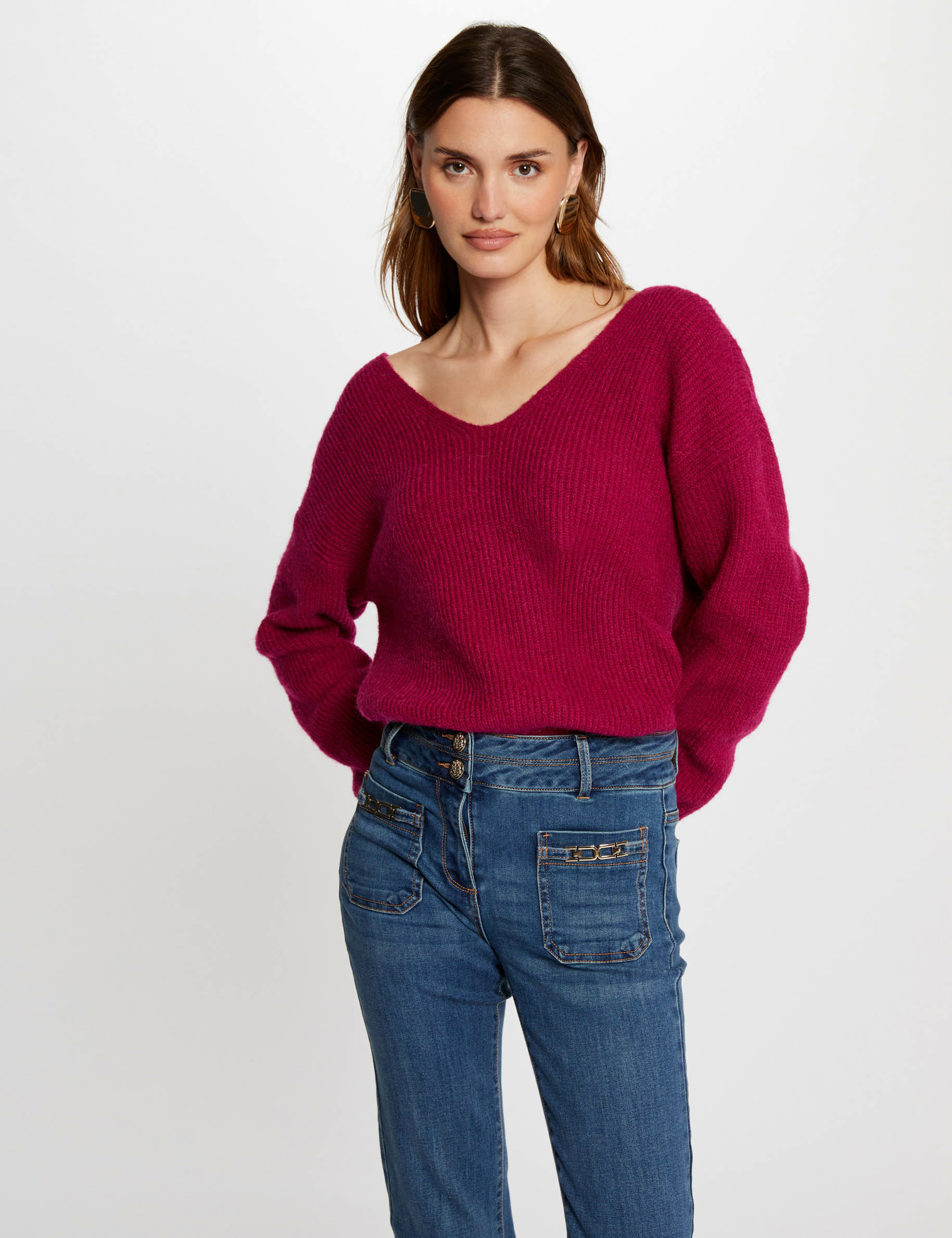 Pull col en V dos boutonné rose fonce femme