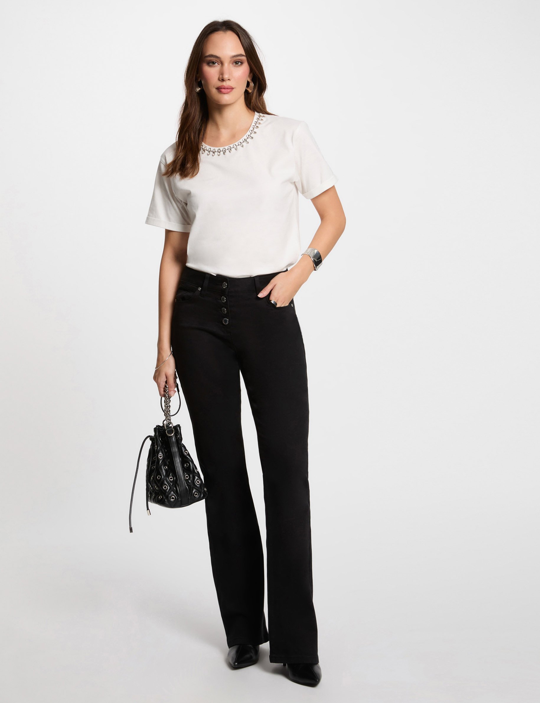 Pantalon bootcut boutonné noir femme