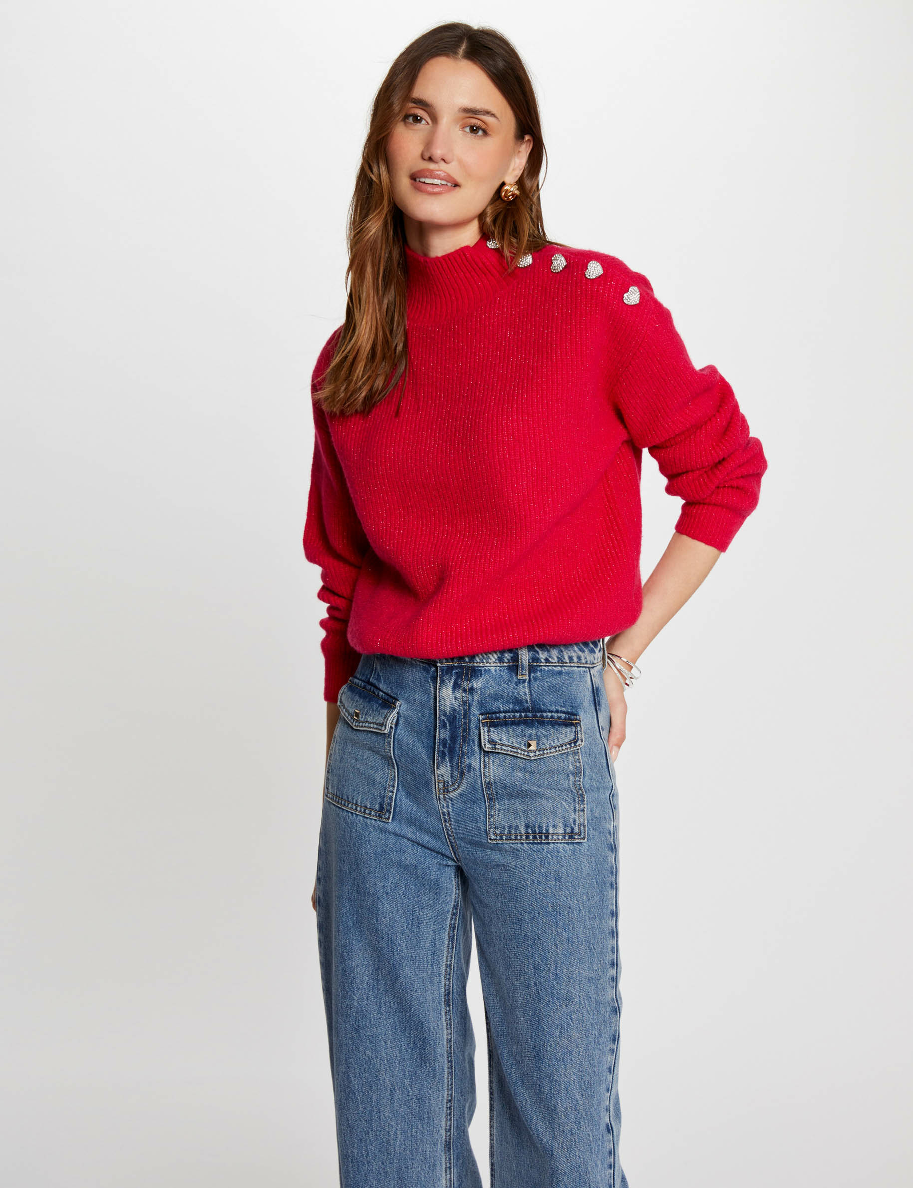 Pull manches longues avec boutons rose moyen femme