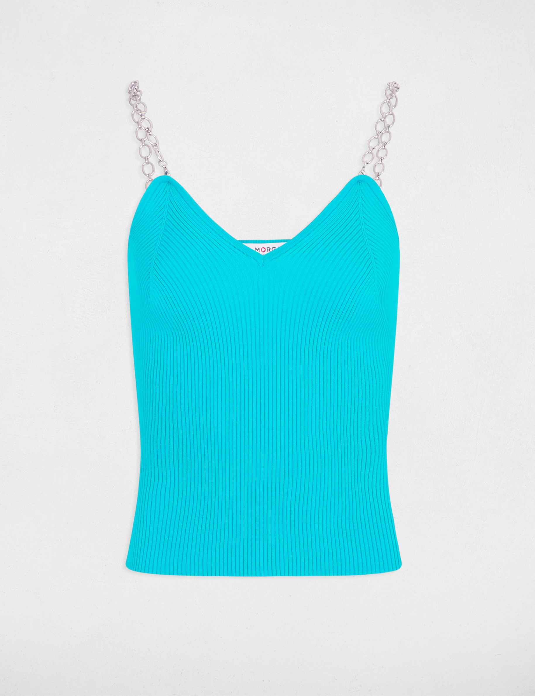 Top tricot bretelles chaînes turquoise femme