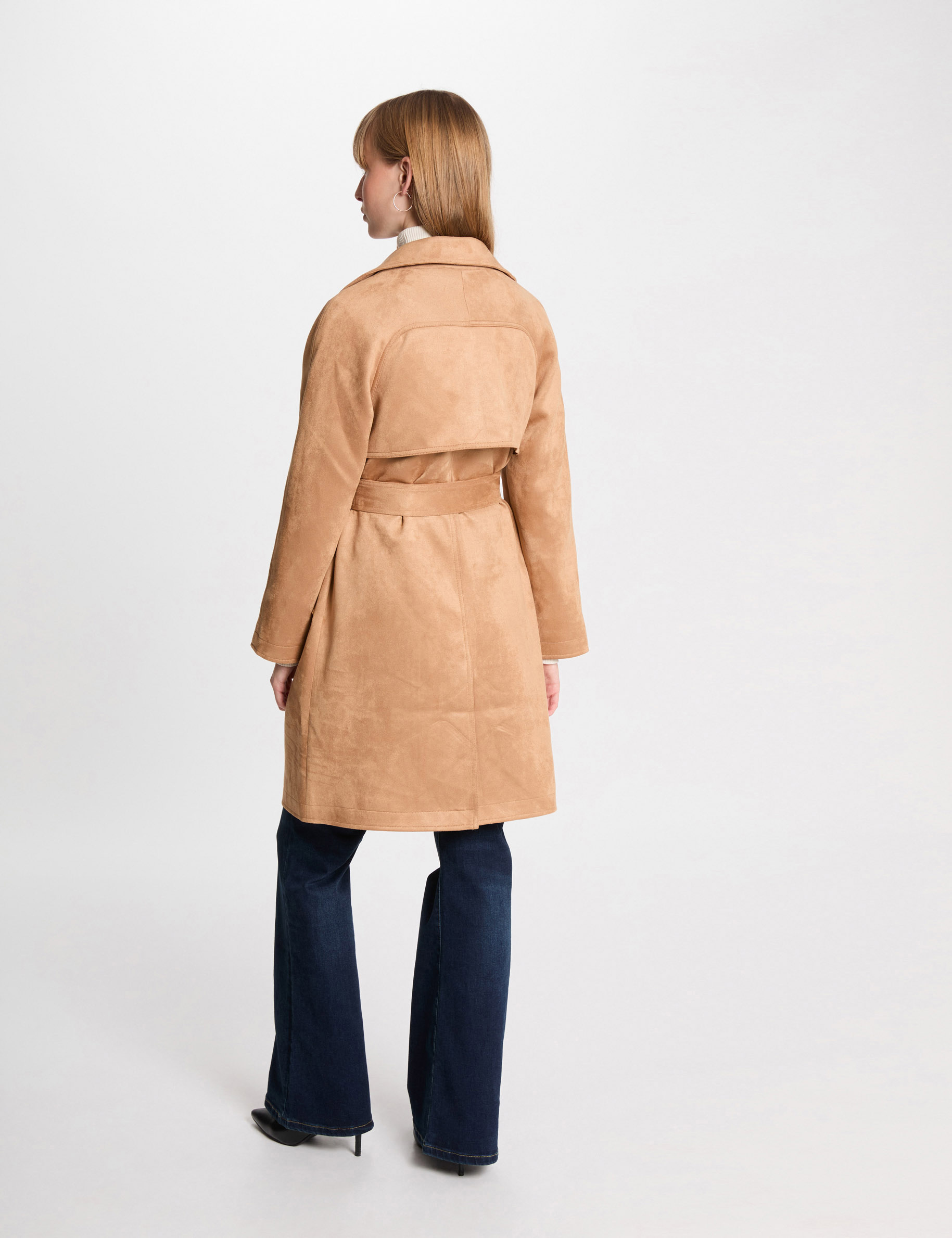 Trench long suédine caramel femme