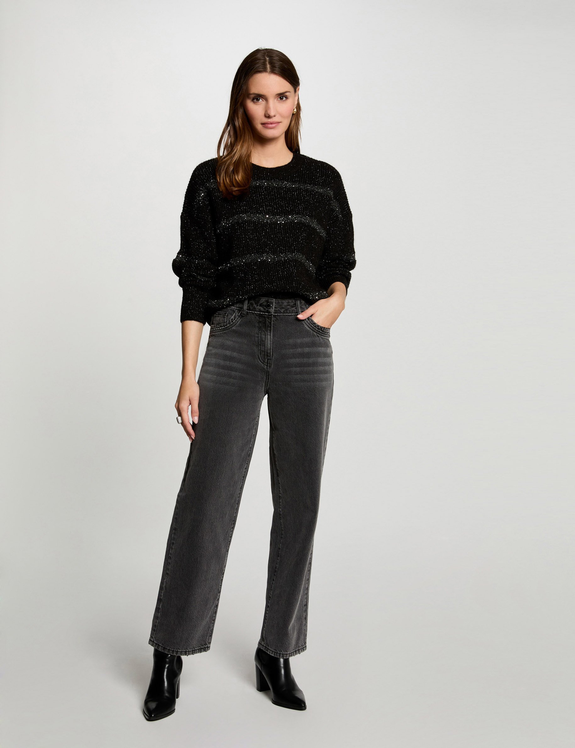 Mom jeans met strass details gris clair vrouw