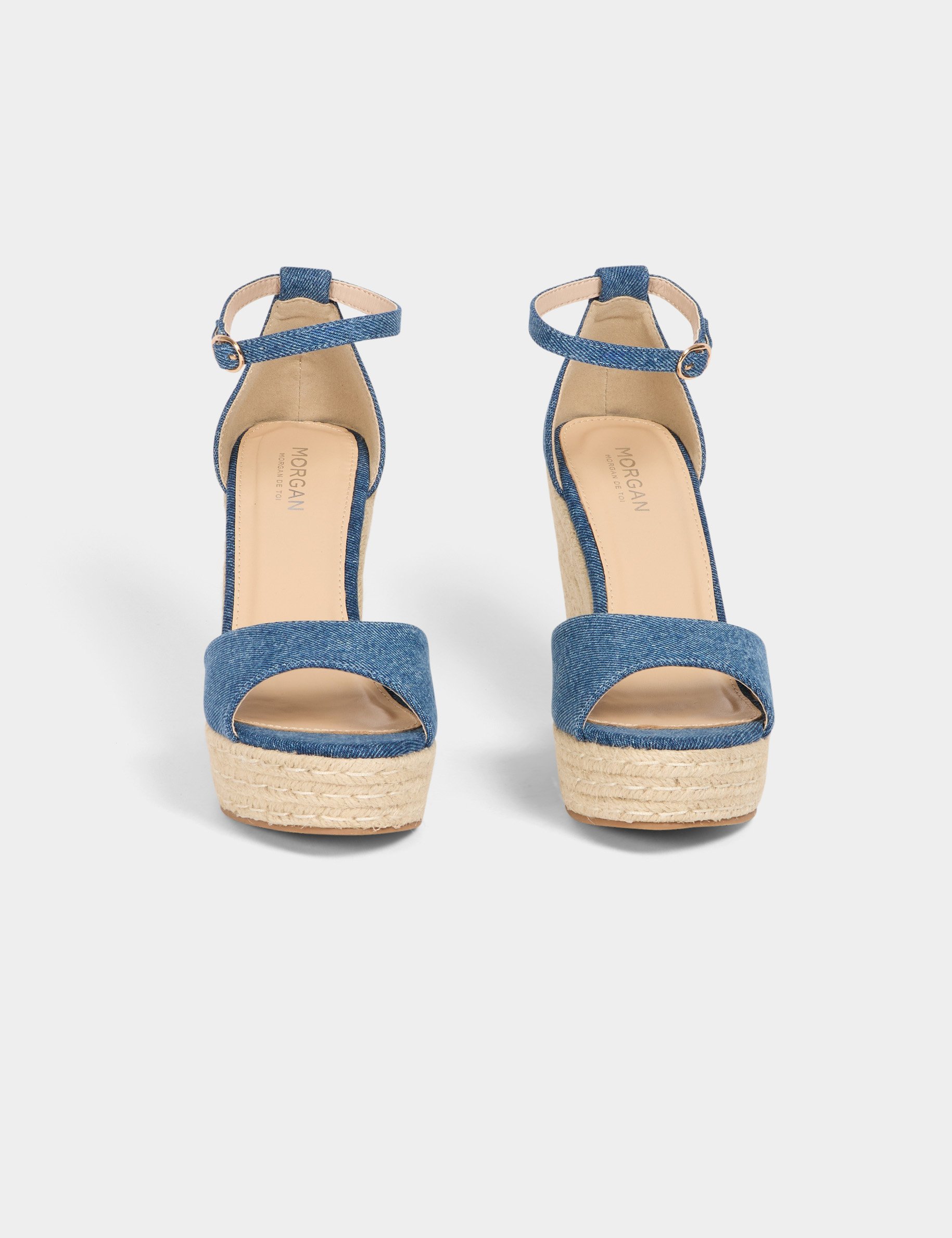 Sandales compensées en jean denim brut femme