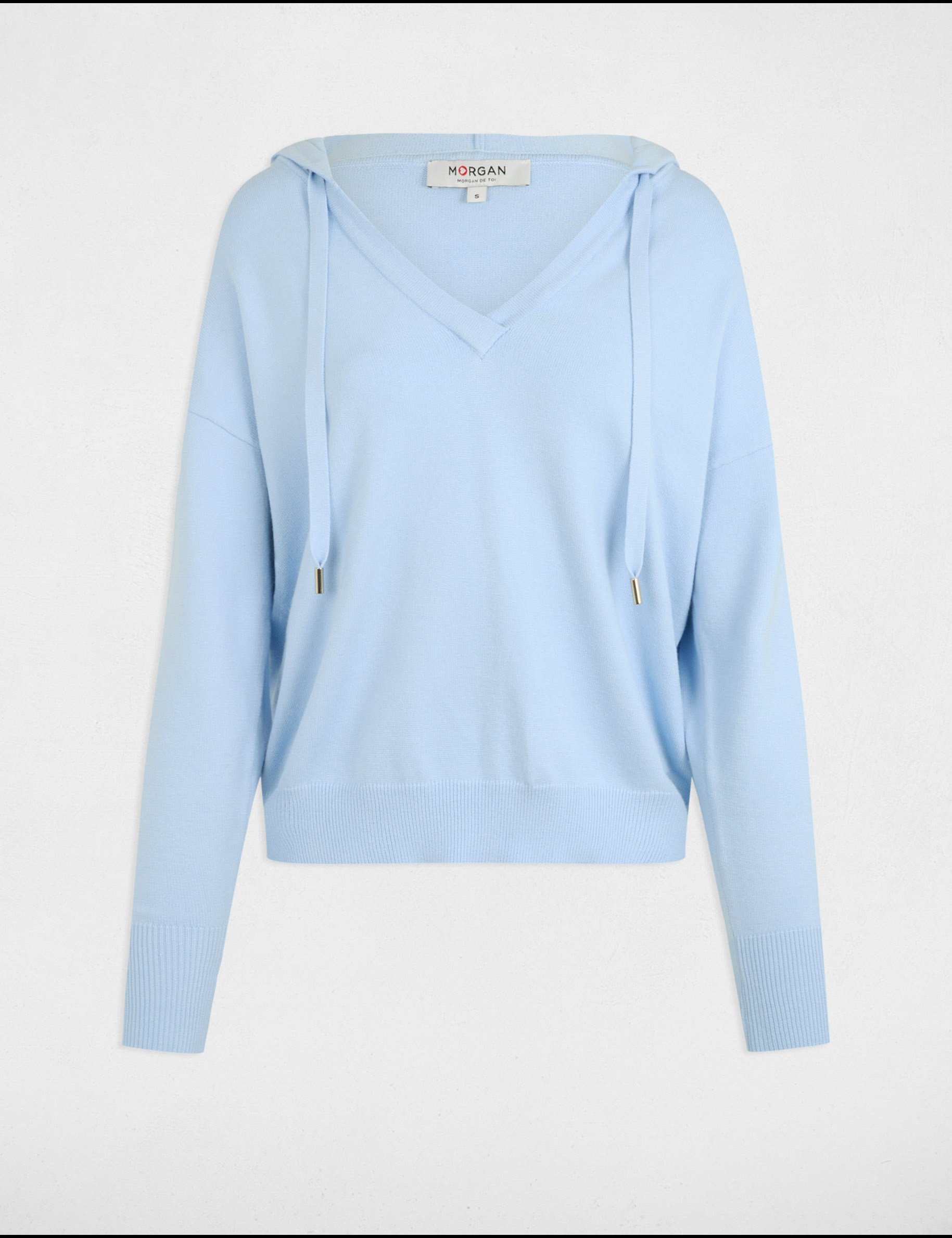 Pull col en V à capuche bleu ciel femme