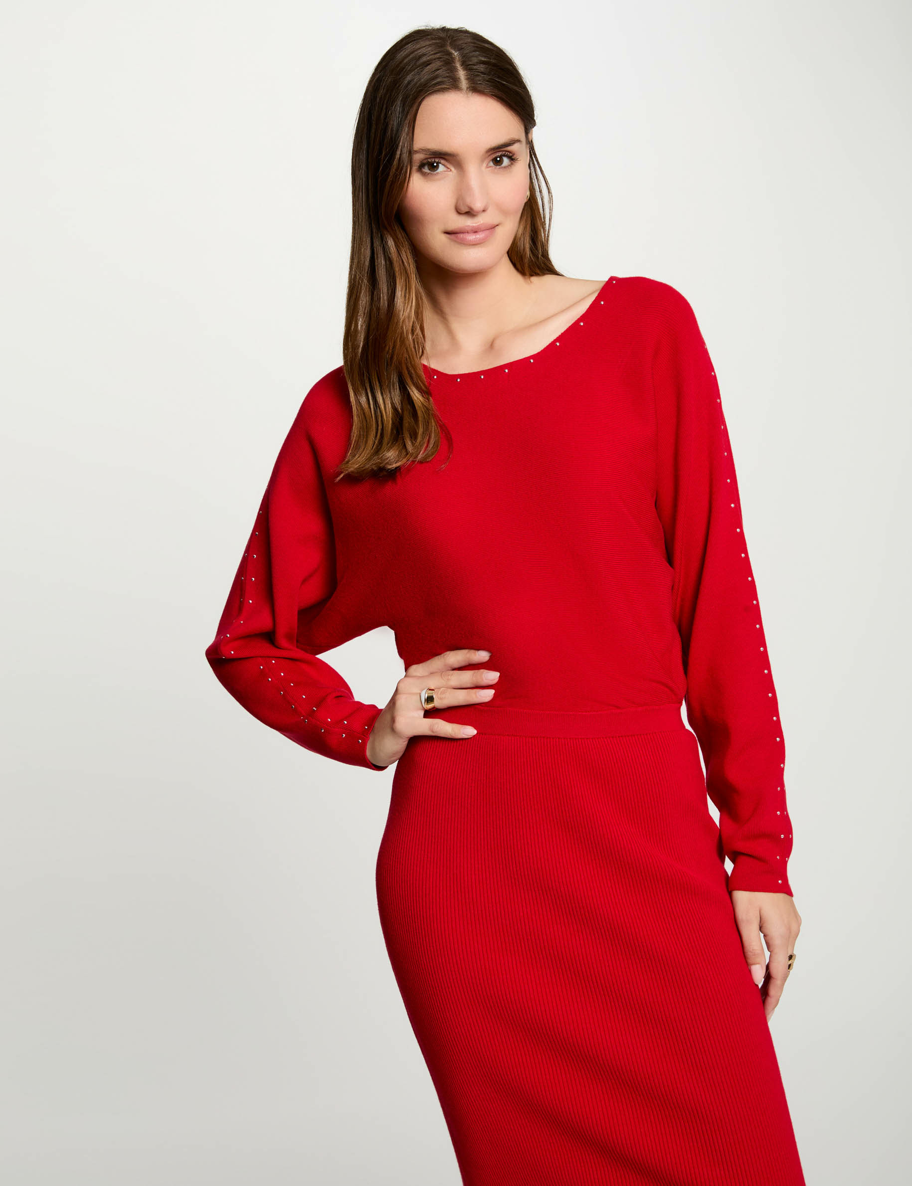 Robe tricot longue ajustée rouge femme