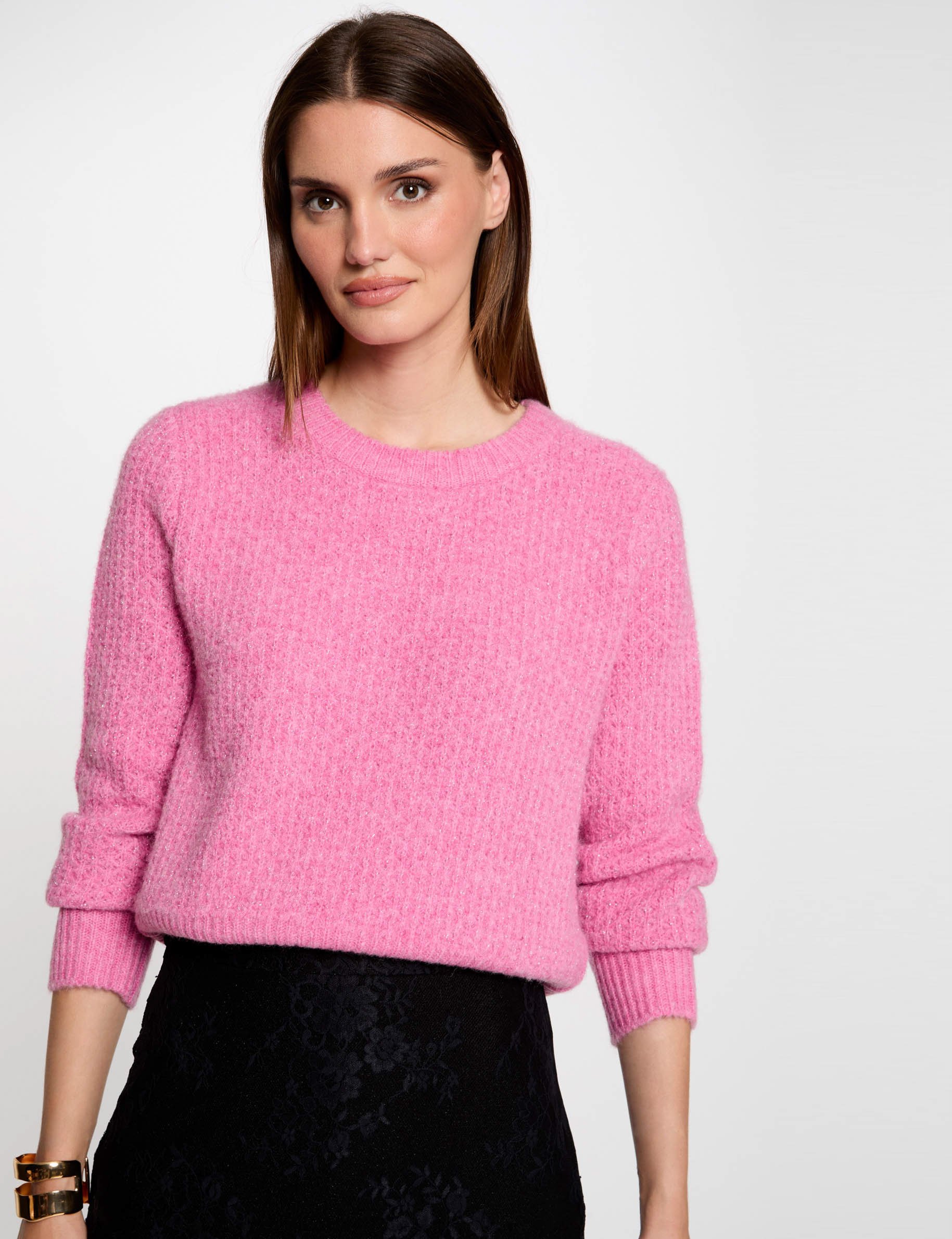 Pull col rond manches longues rose moyen femme