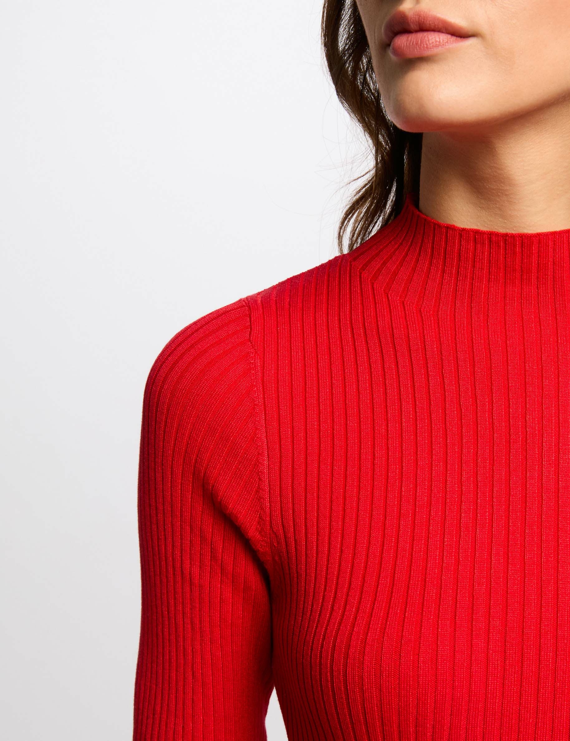 Pull col montant côtelé rouge femme