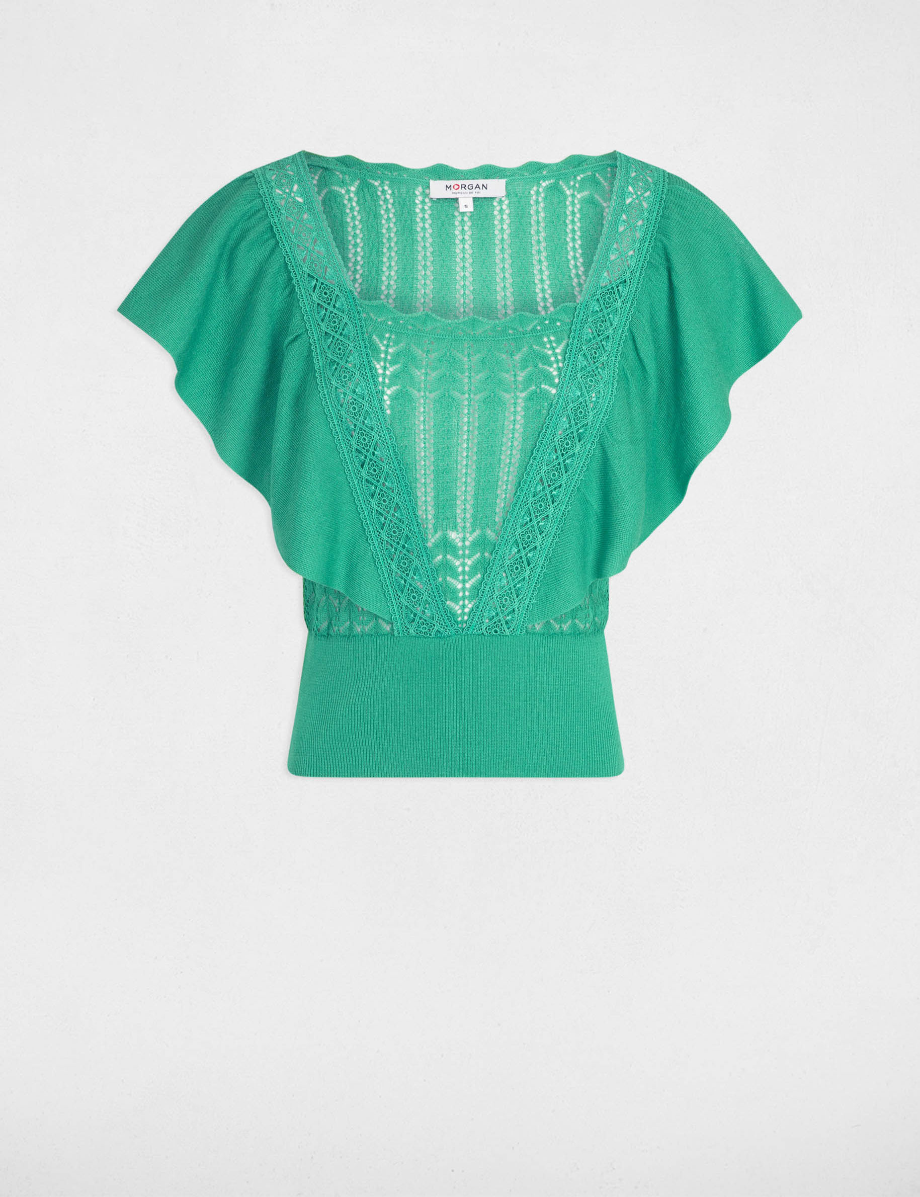 Pull manches courtes dentelle vert femme