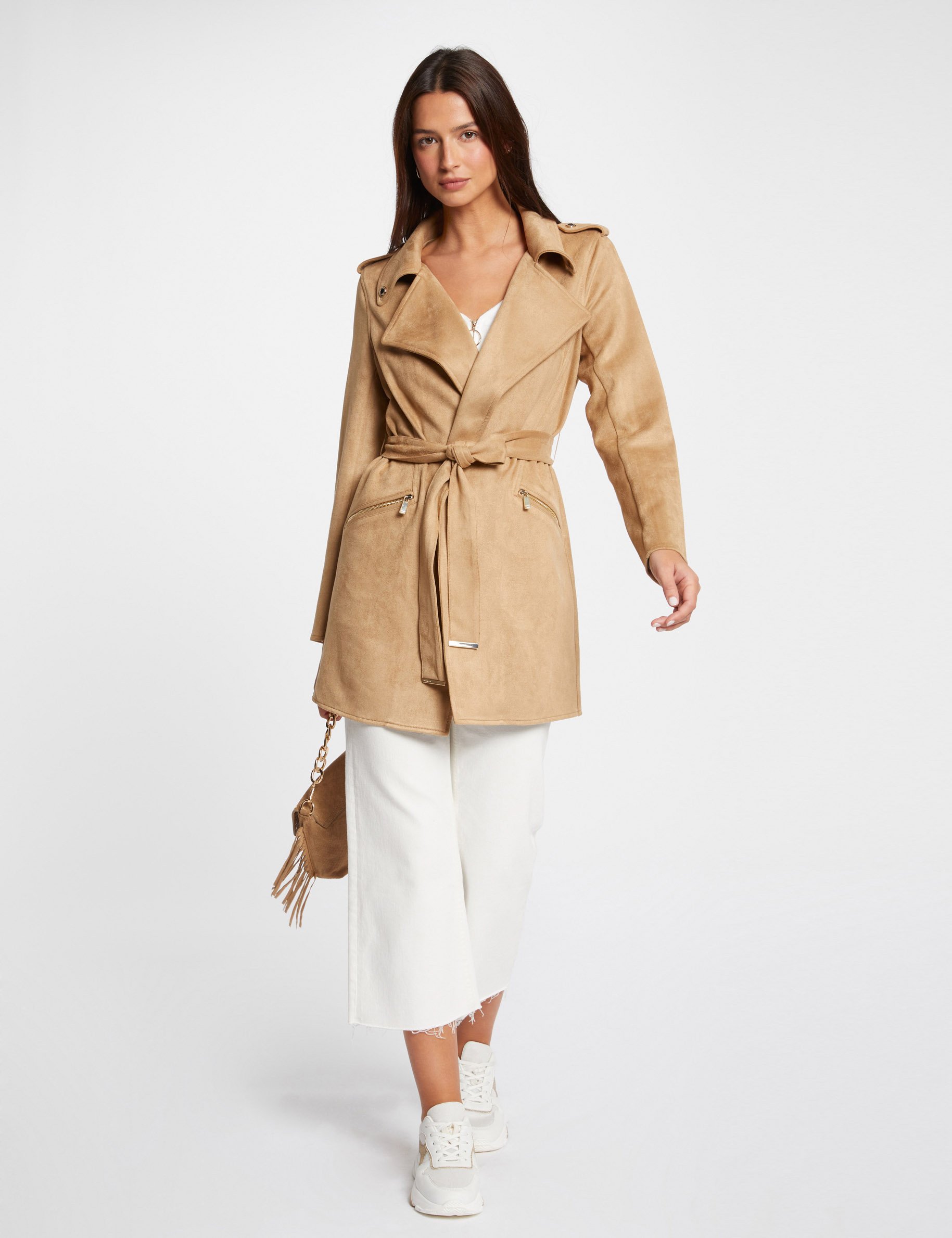 Manteau long ceinturé suédine beige femme