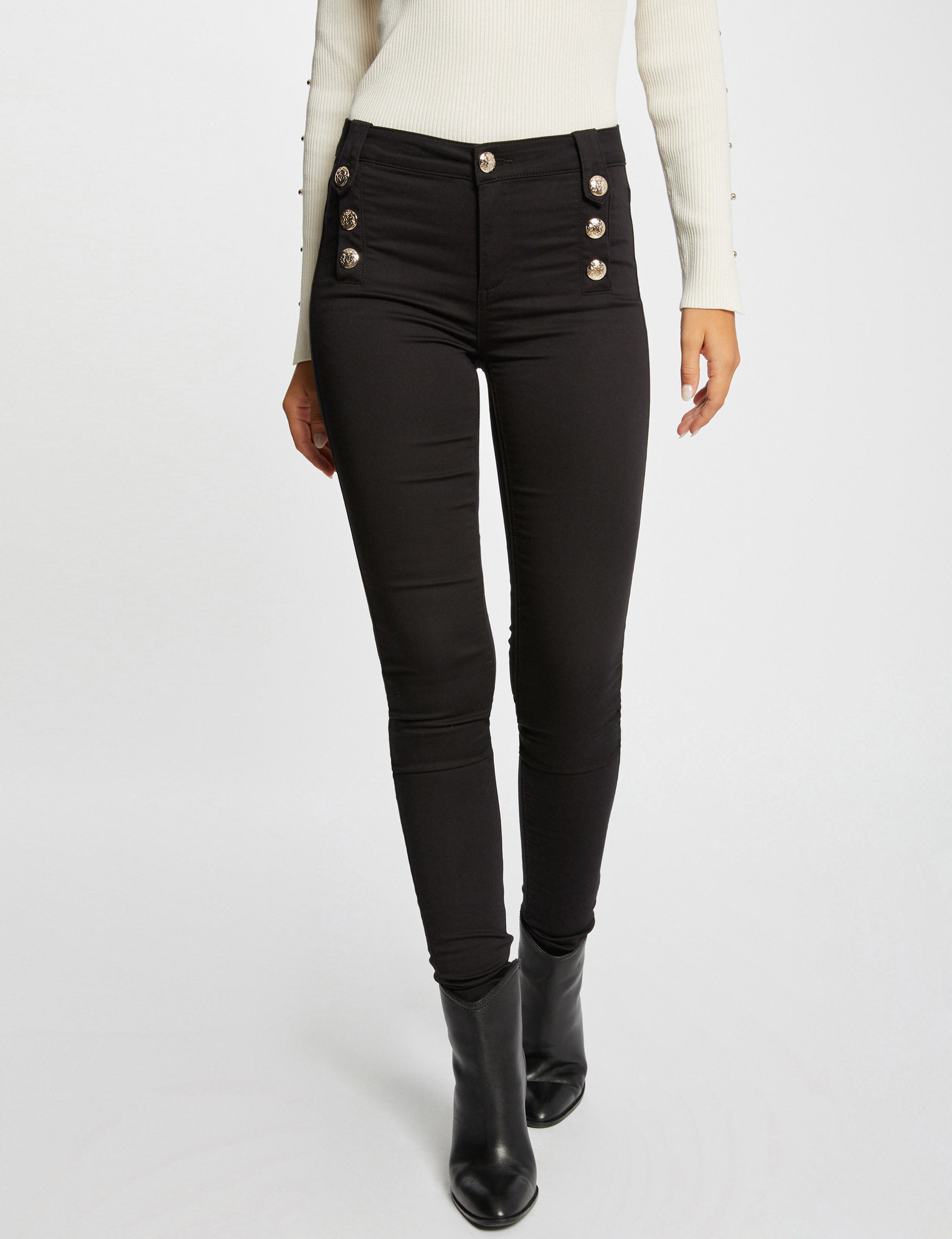 Skinny broek met sierknopen zwart vrouw