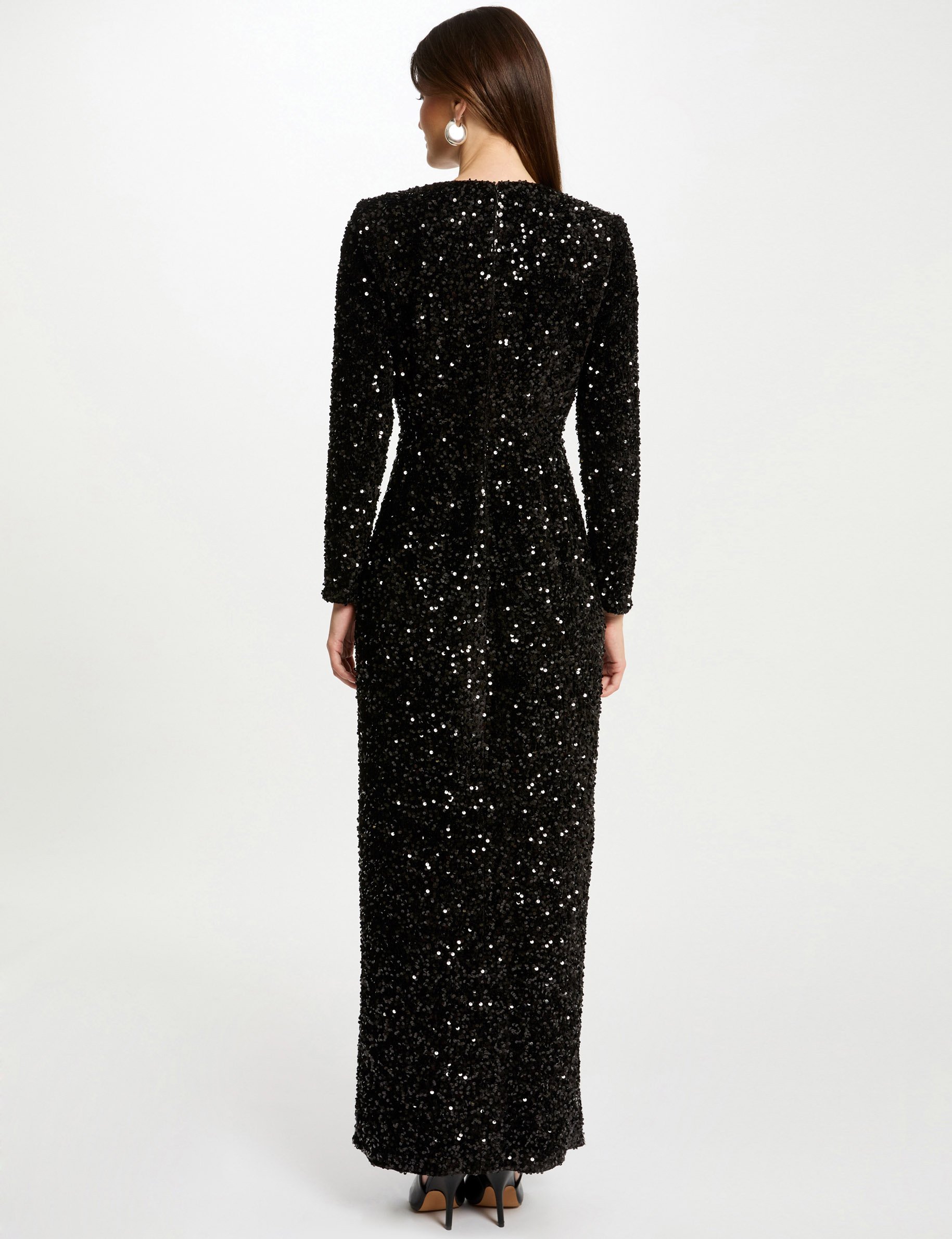 Robe longue ajustée sequins noir femme