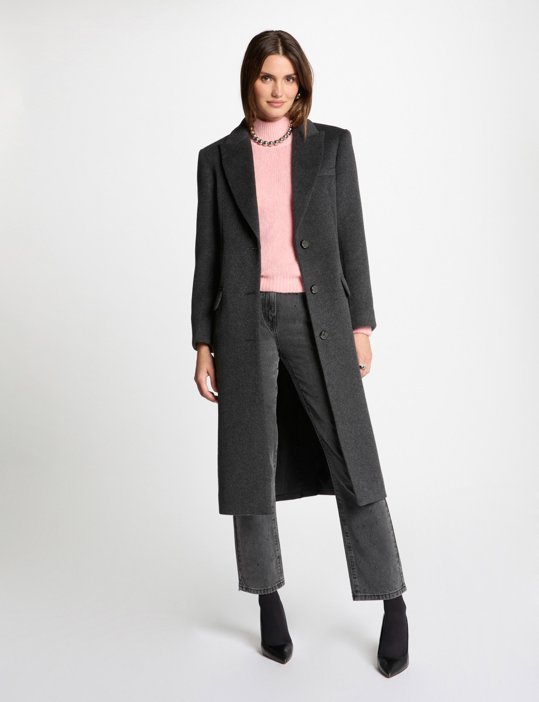 Manteau long boutonné gris anthracite femme