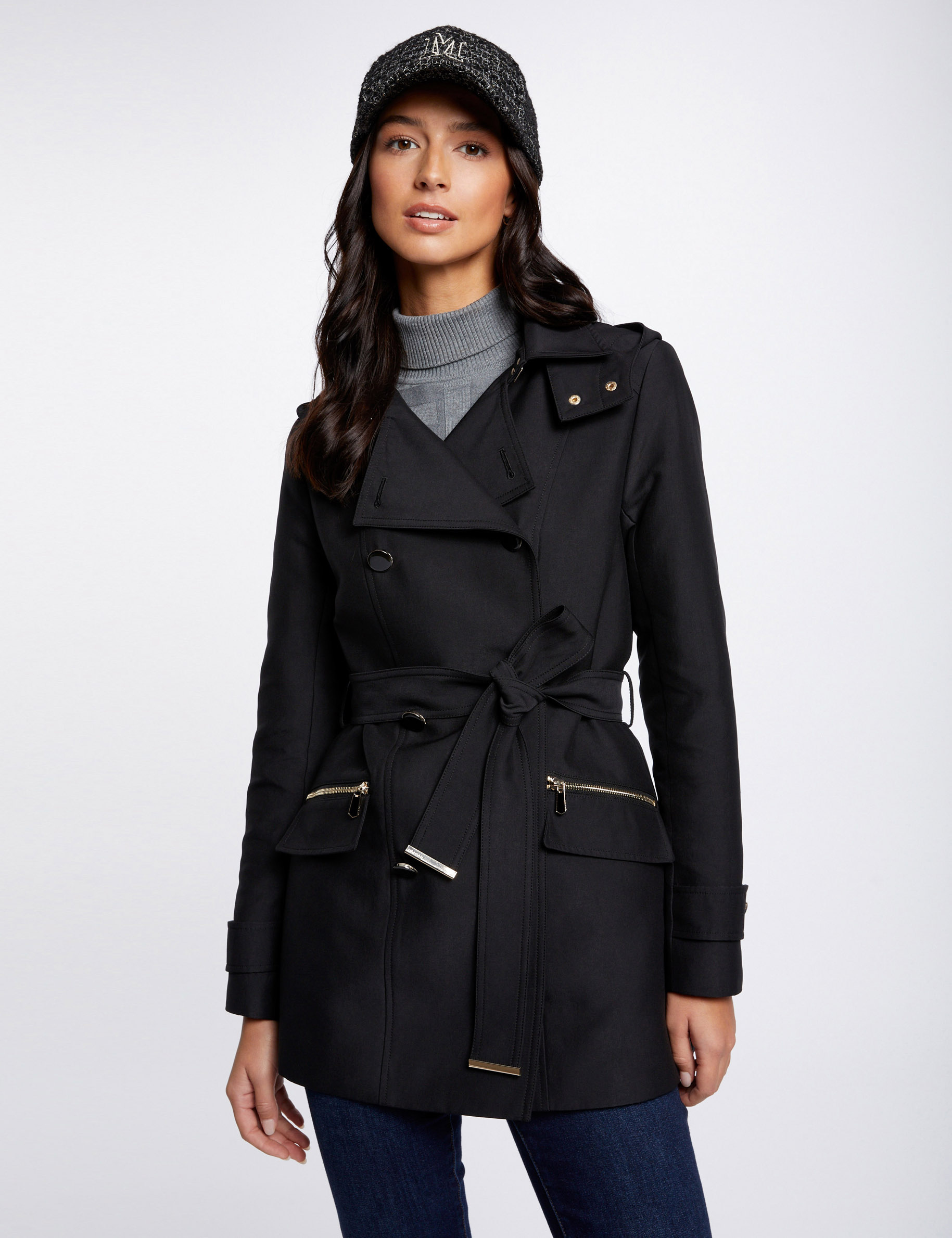 Trench cintré ceinturé à capuche noir femme