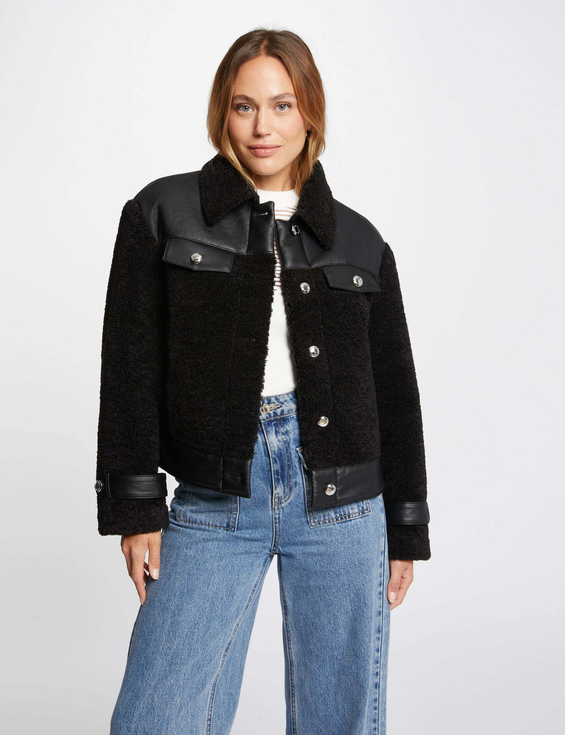 Manteau détails simili cuir noir femme