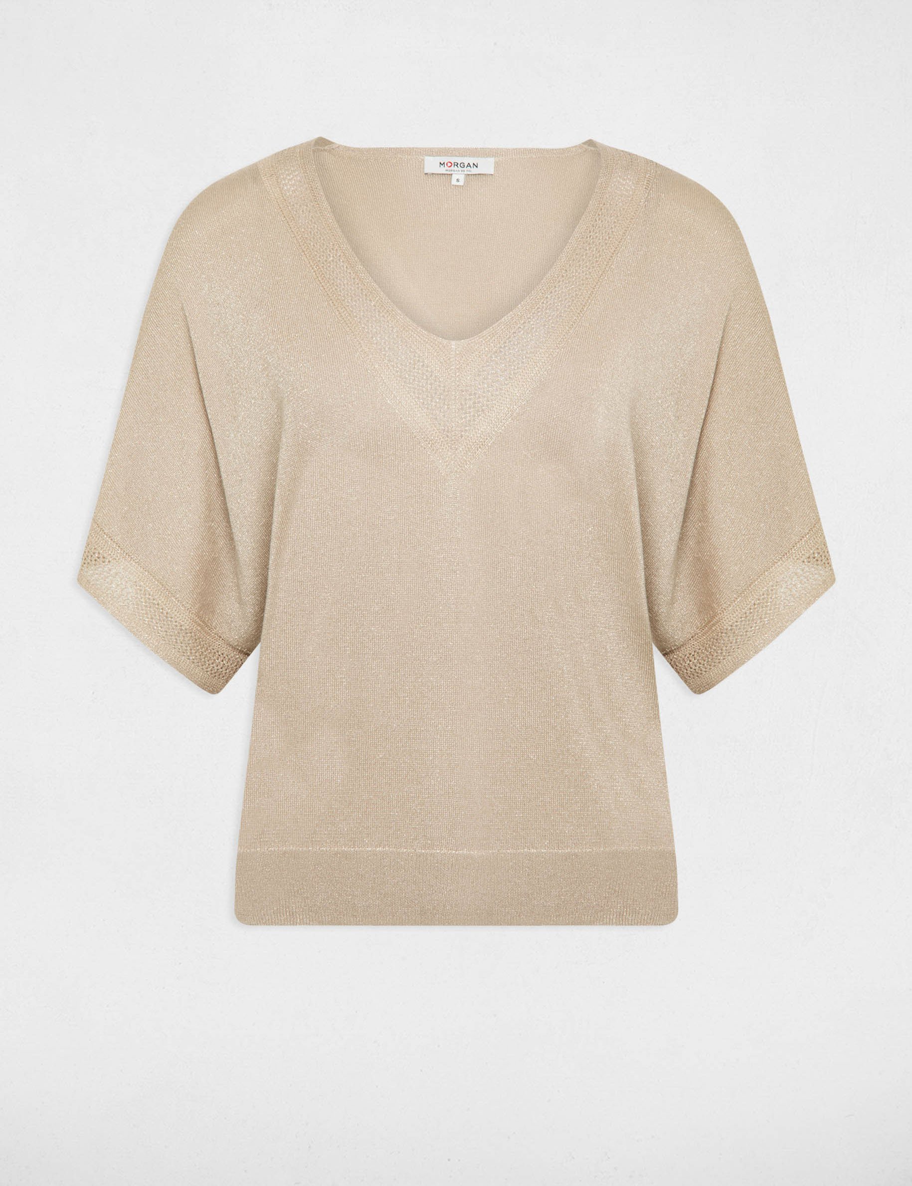 Pull col en V manches courtes sable femme