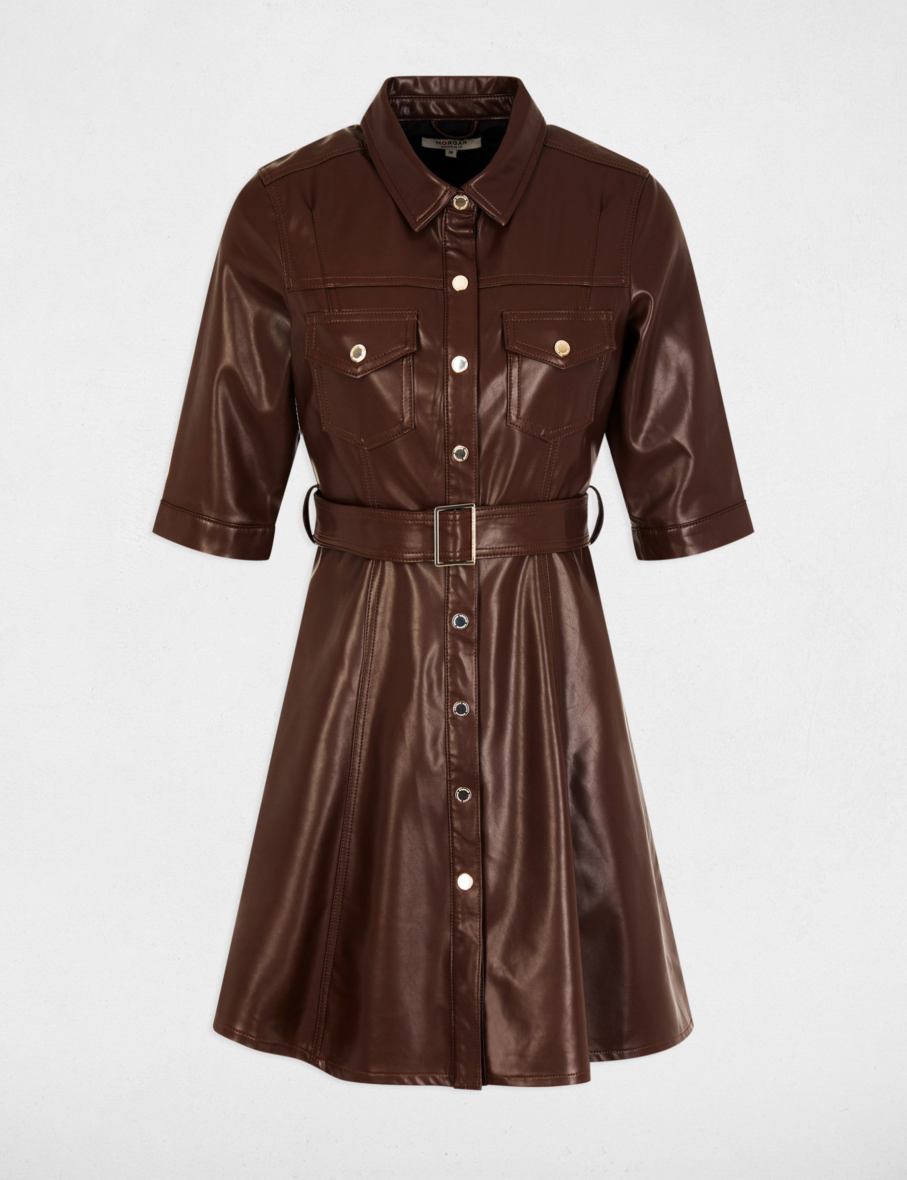 Robe courte évasée simili cuir marron femme