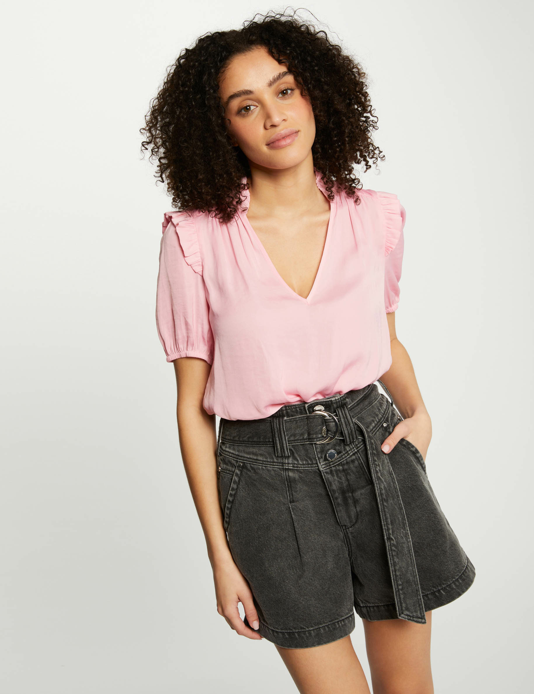 Blouse col en V à volants rose moyen femme