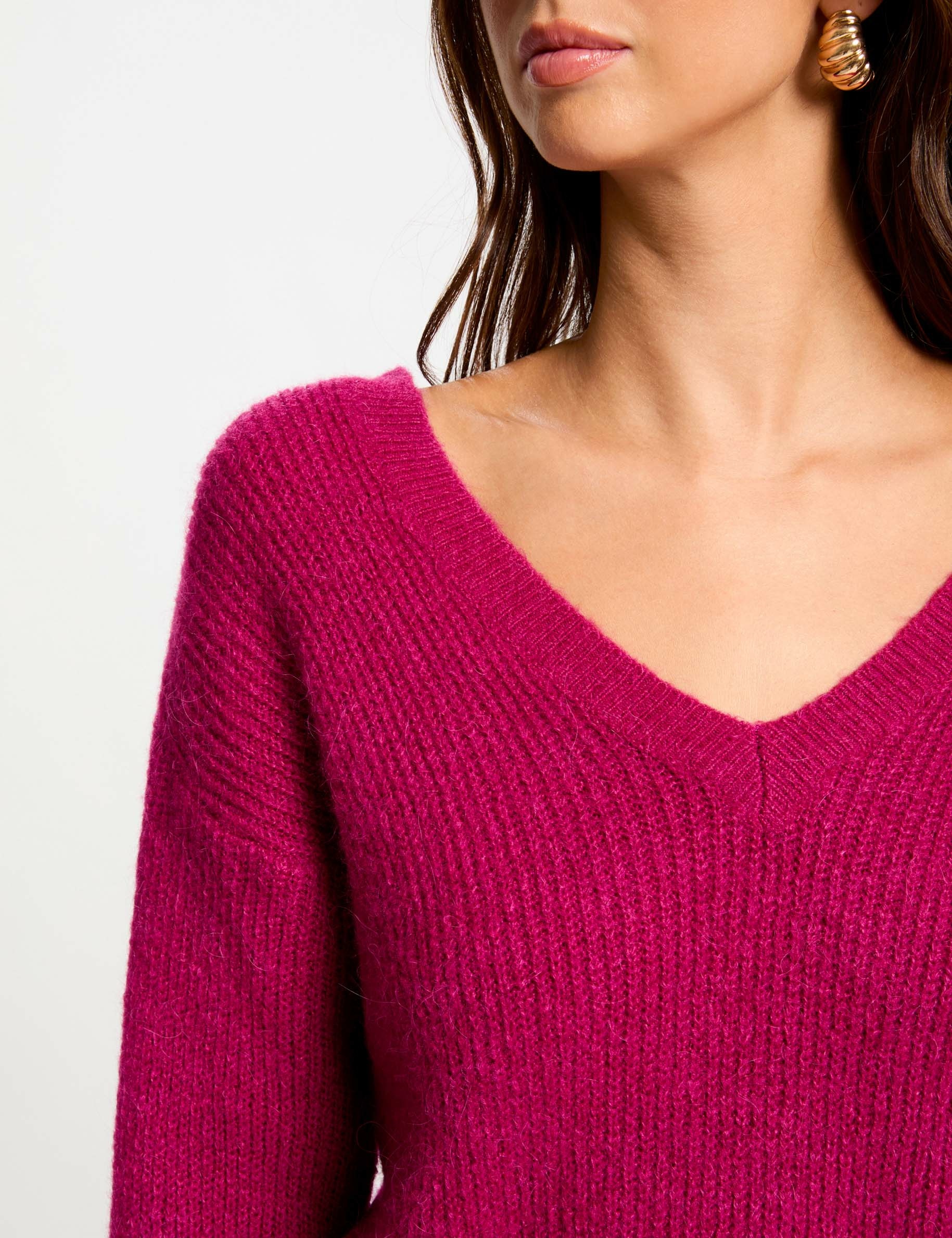 Pull col en V rose fonce femme