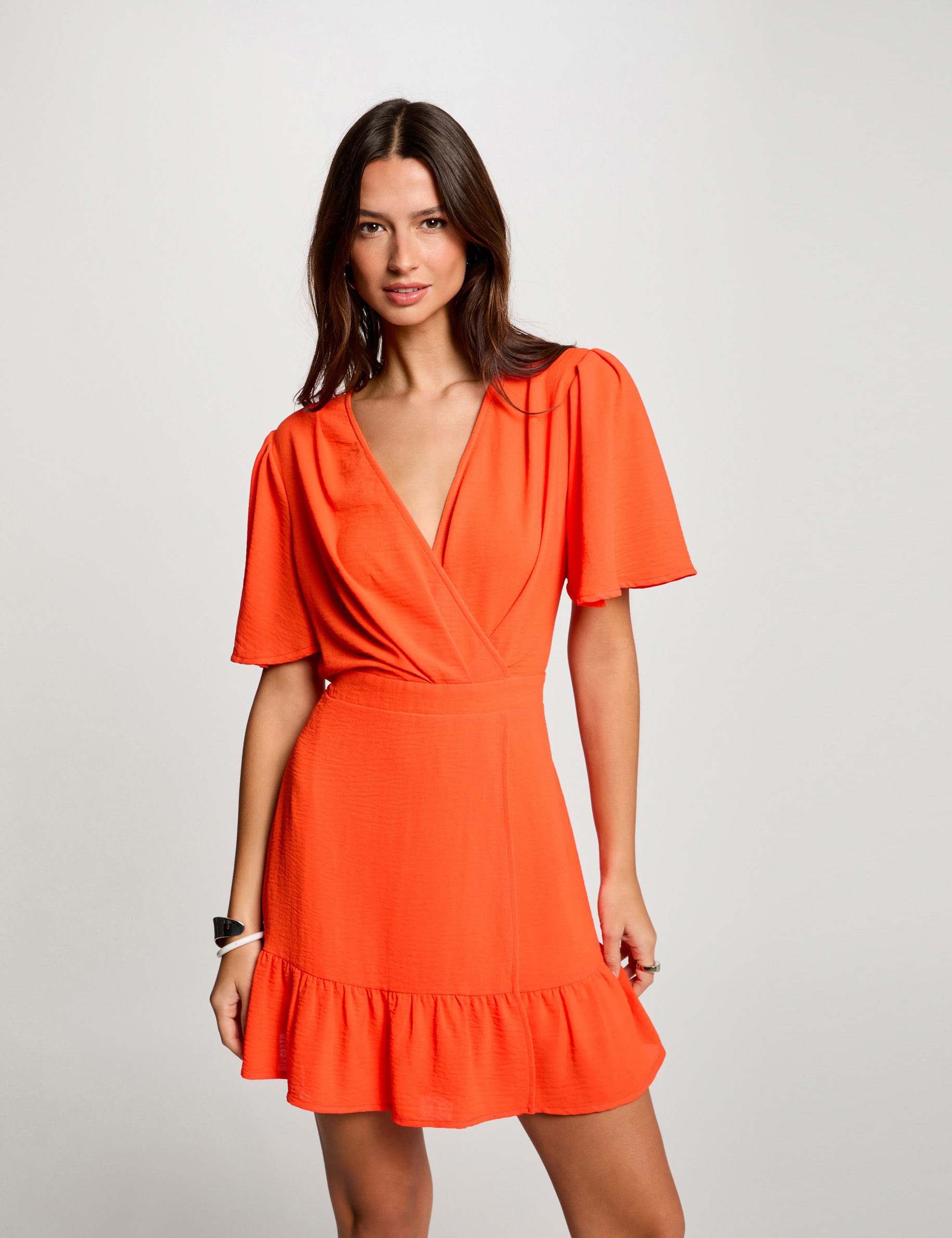 Robe courte trapèze à volants orange foncé femme